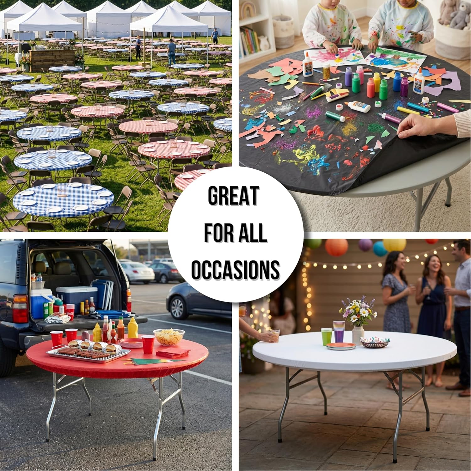 Kwik-Covers 10 Pack of Round Plastic Table Covers - 60" or 72" Round - Indoor or Outdoor Fitted Covers (Tables NOT Included) (White, 60" Round)