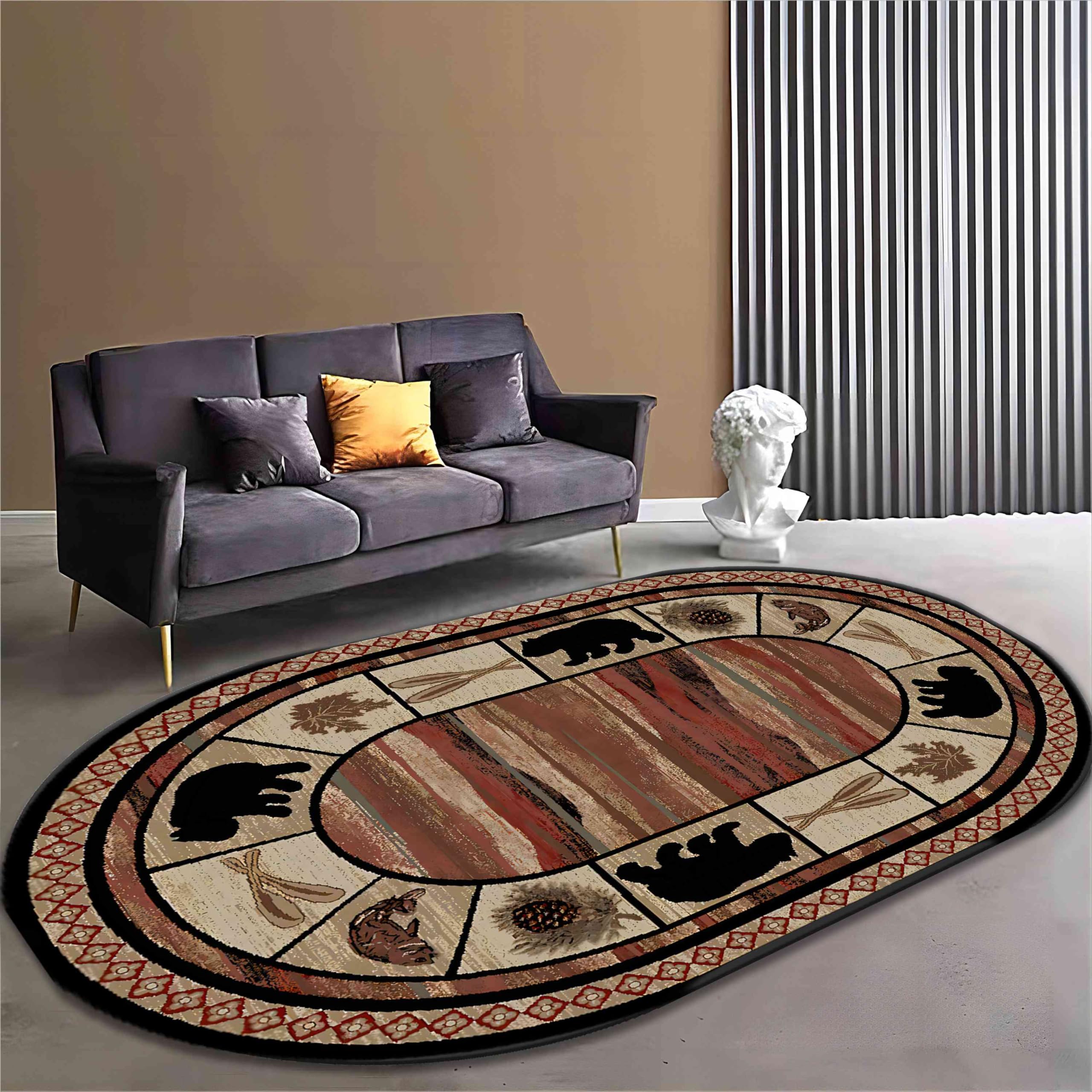 Black Bear Area Rug, 6x8ft, Vintage Rustic Country Lodge Theme Oval Rug with Forest Wildlife Bear Paw and Botanical Tree Pattern Print, Black Brown