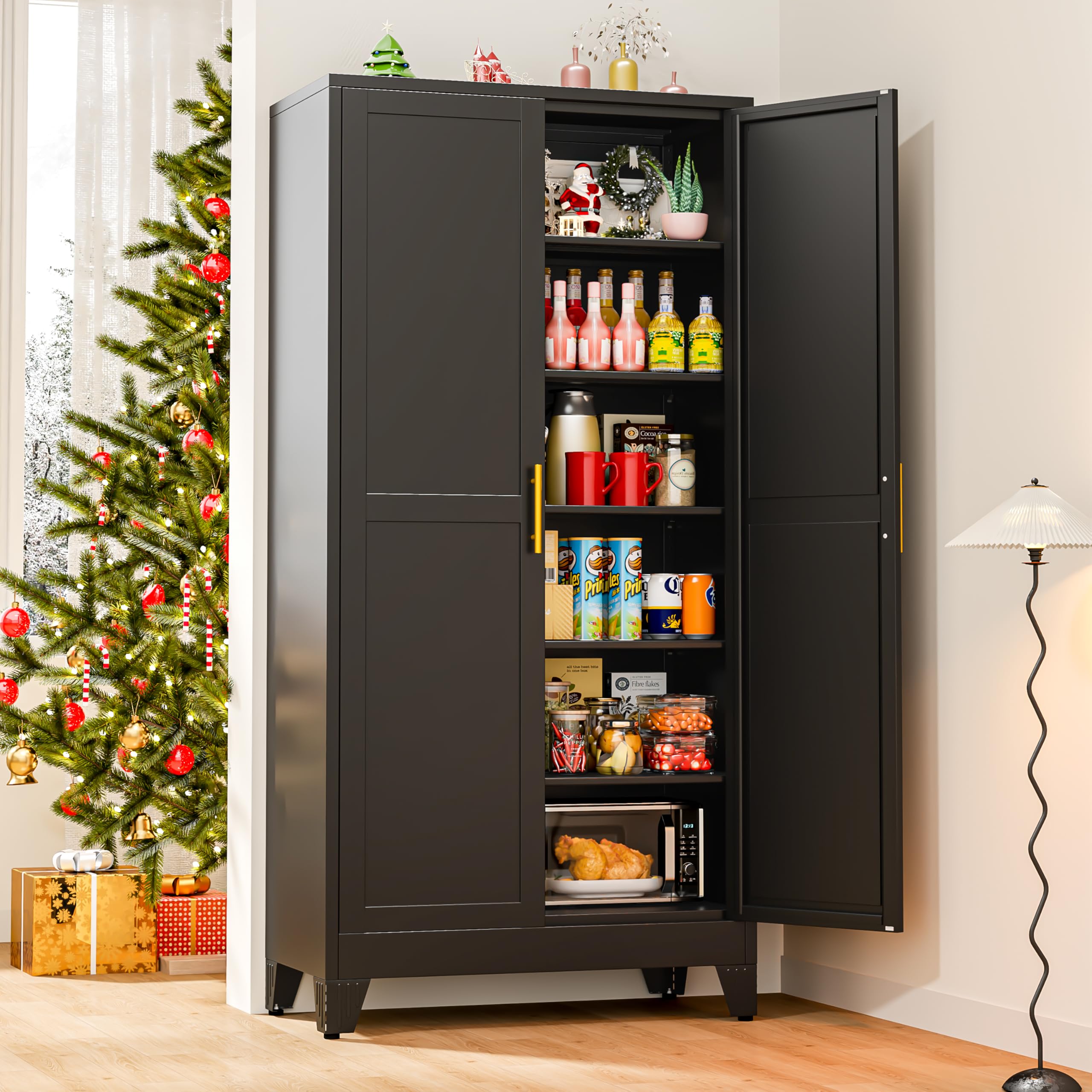 winiowa Tall Metal Kitchen Pantry Storage Cabinet with 2 Doors and 5 Adjustable Shelves - 75.2" Kitchen Cabinet with Gold Handles for Kitchen, Bathroom, Dining Room, Living Room - Black