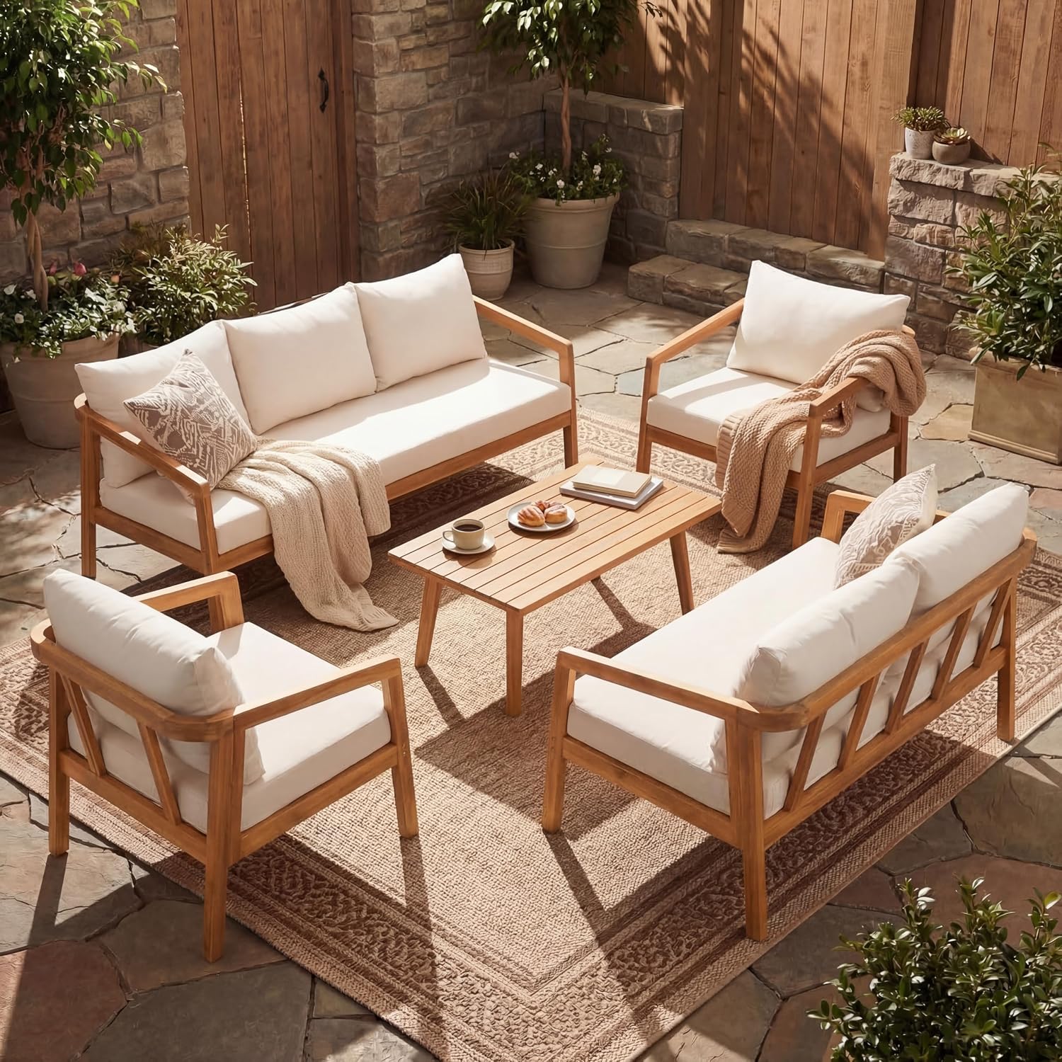 Christopher Knight Home Sures 7-Seater Patio Furniture Set with Removable Cushion, 5 Piece Outdoor Acacia Wood Conversation Set, Sold Wood Outdoor Sectional Sofa Set with Coffee Table, Natural+Beige