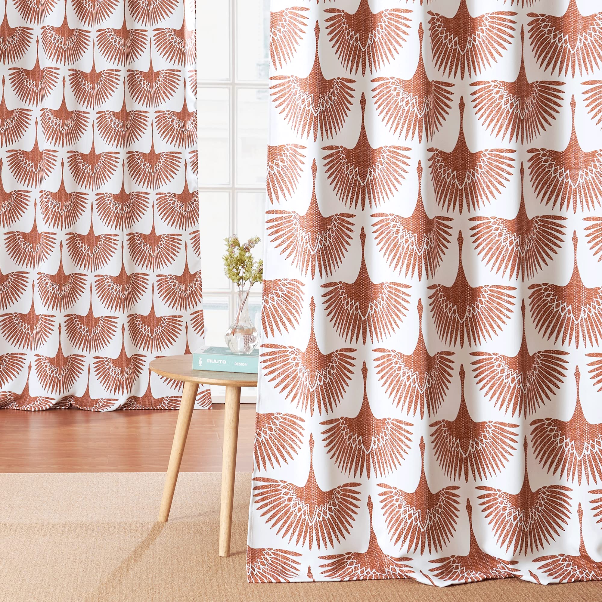 KGORGE Blackout Curtains 84 inches Long - Geometric Bird Pattern Farmhouse Curtains Thermal Insulating Window Treatment Panels for Kids Playroom, Bedroom, Living Room, W 52 x L 84, Mecca Red, 1 Pair