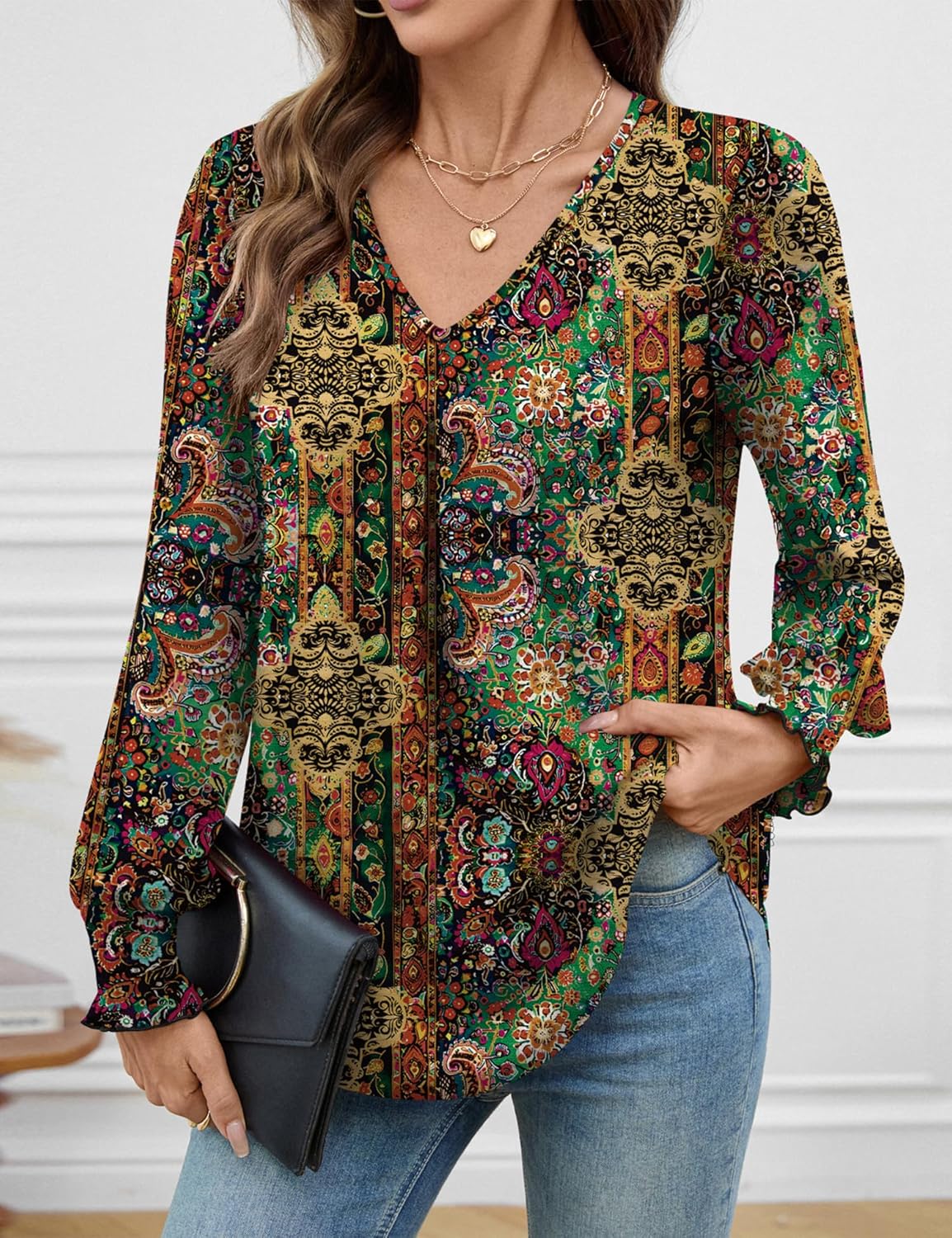 AKEWEI Plus Size Clothes for Women Long Sleeve Tops V Neck Shirts Office Cute Fall Clothes for Women 2025 Trendy Shirts Boho Print S - Image 3