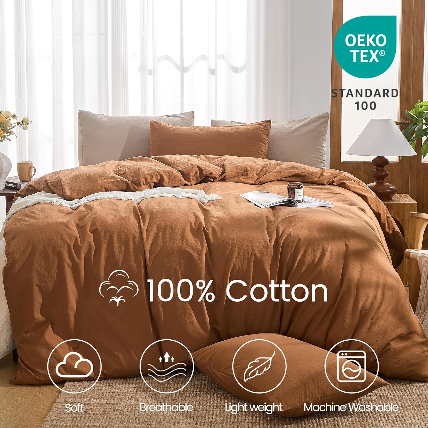 BISELINA 100% Washed Cotton Wave Jacquard Ripple Duvet Cover 3-Pieces Set,Solid,Boho Style, Comfortable, Breathable,Durable,Simple Design for All Seasons (Dark Orange, Queen)