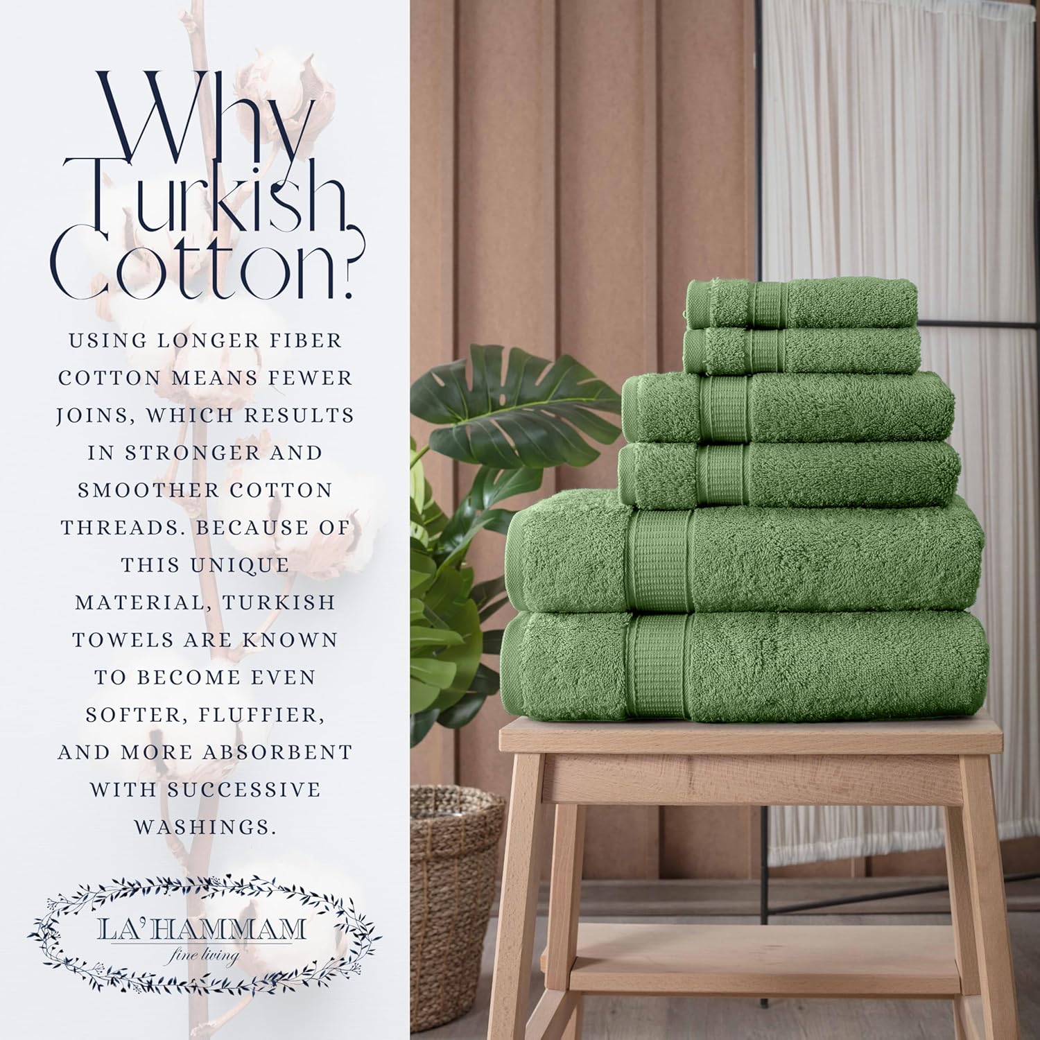 LA' HAM MAM FINE LIVING Personalized Towels Set with Embroidered Text - 2 Pack Highly Absorbent & Super Soft Turkish Cotton Bath Hand Towels for Spa, Gym, Pool and Hotels - Monogrammed Towels - Green