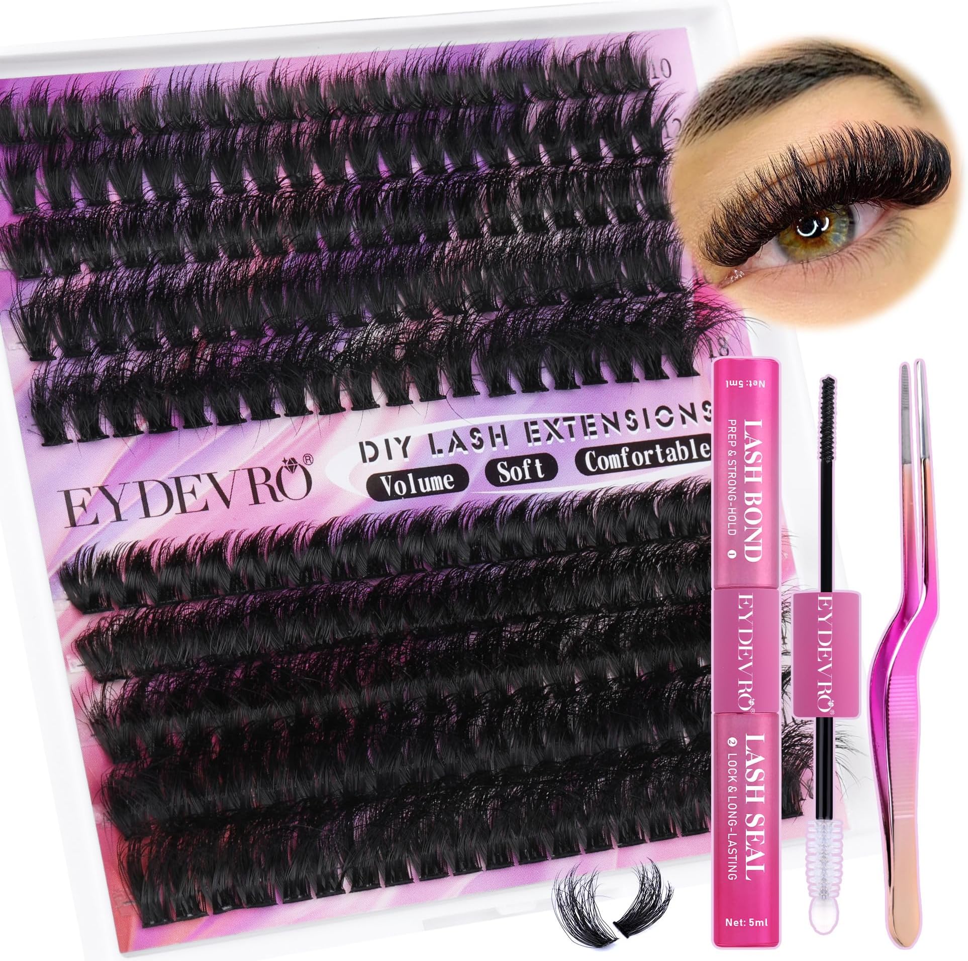EYDEVRO Cluster Lashes D Curl Fluffy Individual Eyelashes Lash Extension Kit Volume Thick 200 Pcs Cluster Lashes Kit Eyelash Extension Kit with Lash Glue Bond and Seal Lash Tweezers(60D 80D, 10-18mm)