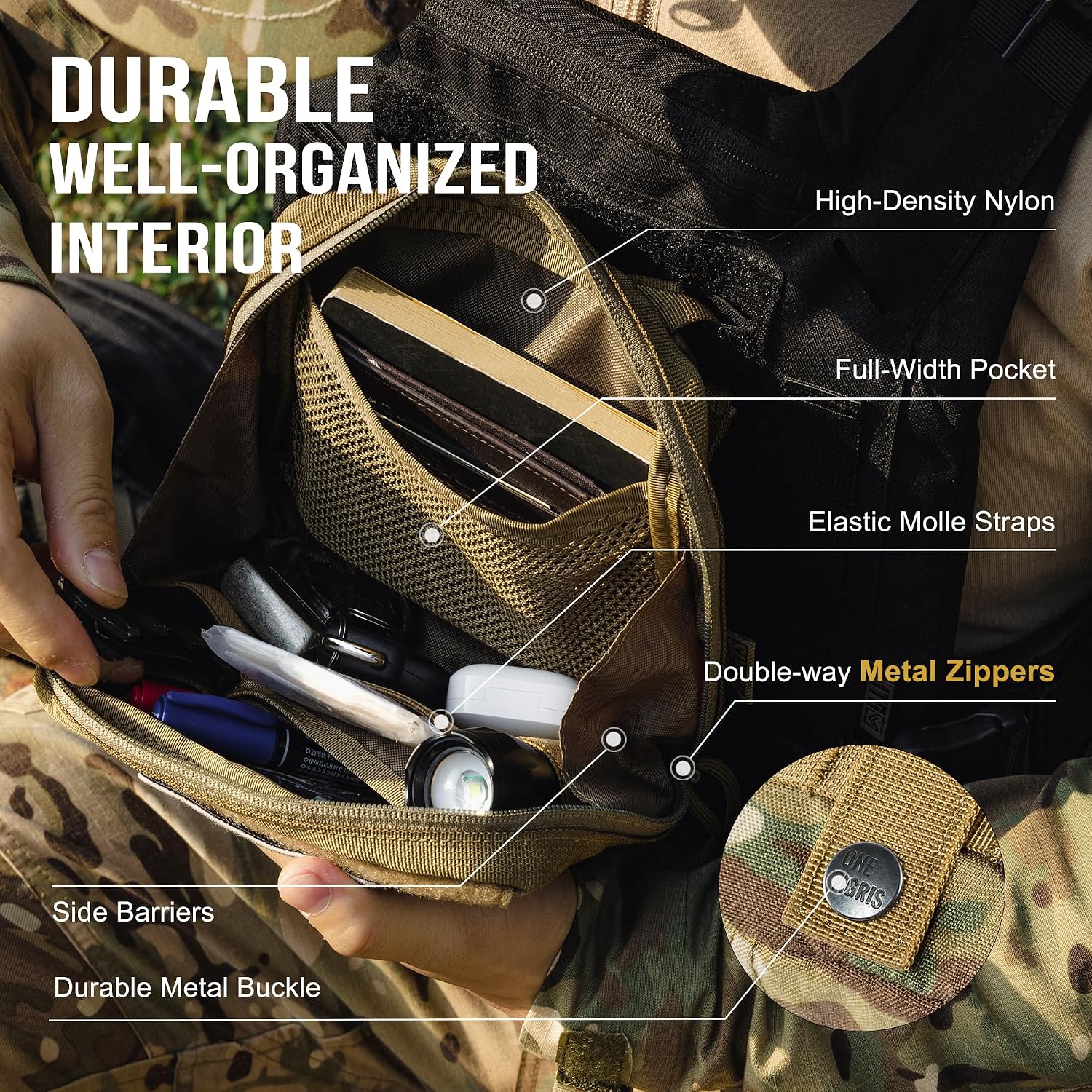 OneTigris MOLLE Pouch, Tactical Admin Pouch Belt EDC Tool Organizer Zippered Utility Waist Pack 7.5"x5"x2"