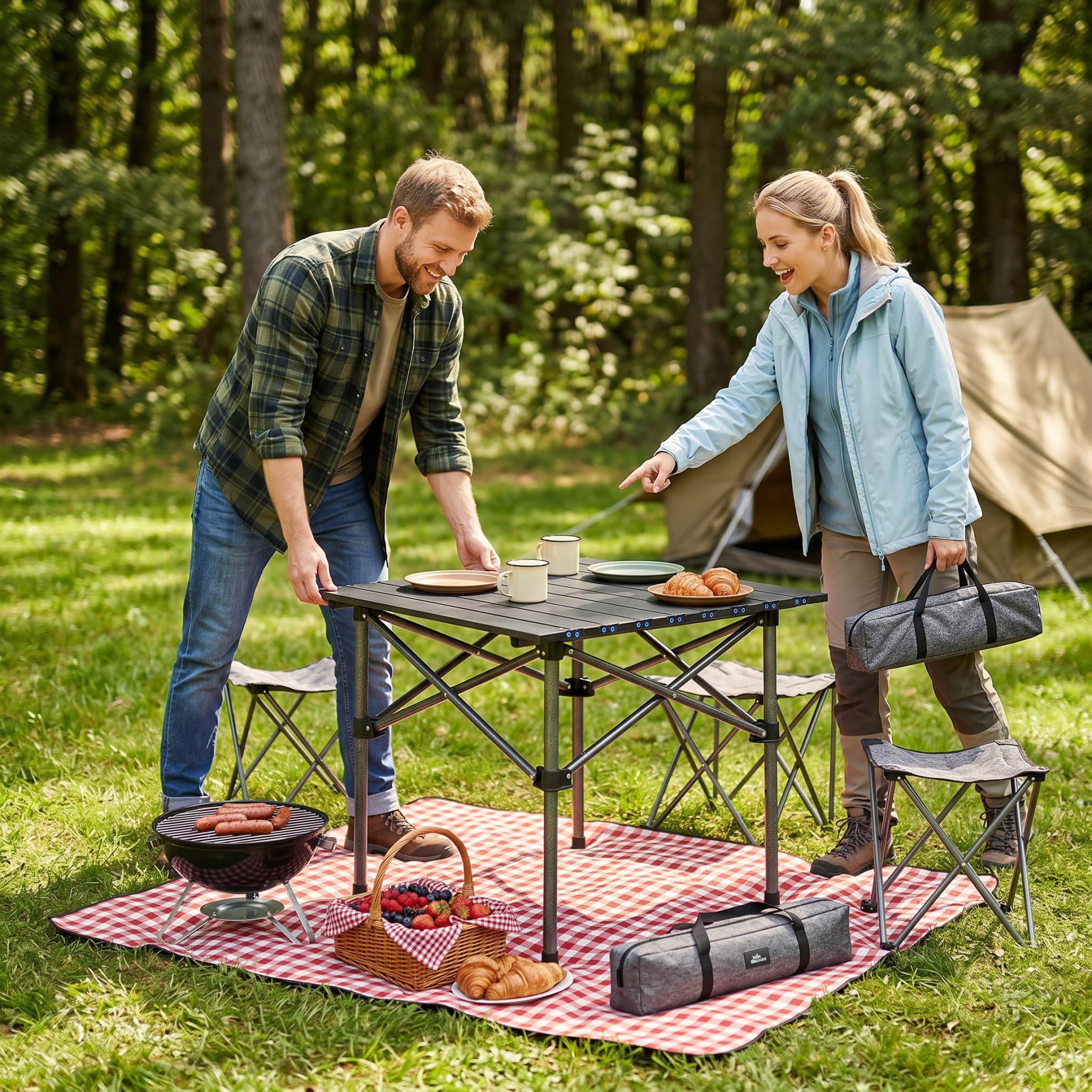 Mesa de Camping Enrollable Negra de 19, 69 x 19, 69 Pulgadas con Marco de Acero al Carbono, Mesa Auxiliar Plegable compacta portátil para Picnic al Aire Libre, Playa, RV, mochilero