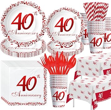 APOWBLS 40th Anniversary Decorations Tableware, Ruby 40th Wedding Serves 24 | 40th Wedding Anniversary Party Supplies, Disposable Paper Plates, Cups, Napkins, Tablecloth, Cutlery, Straws