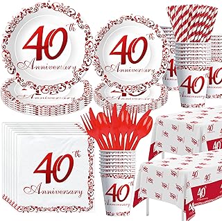 APOWBLS 40th Anniversary Decorations Tableware - Ruby 40th Wedding Anniversary Party Supplies, Paper Plates, Cups, Napkins, Tablecloth, Cutlery, Straws | Serves 24