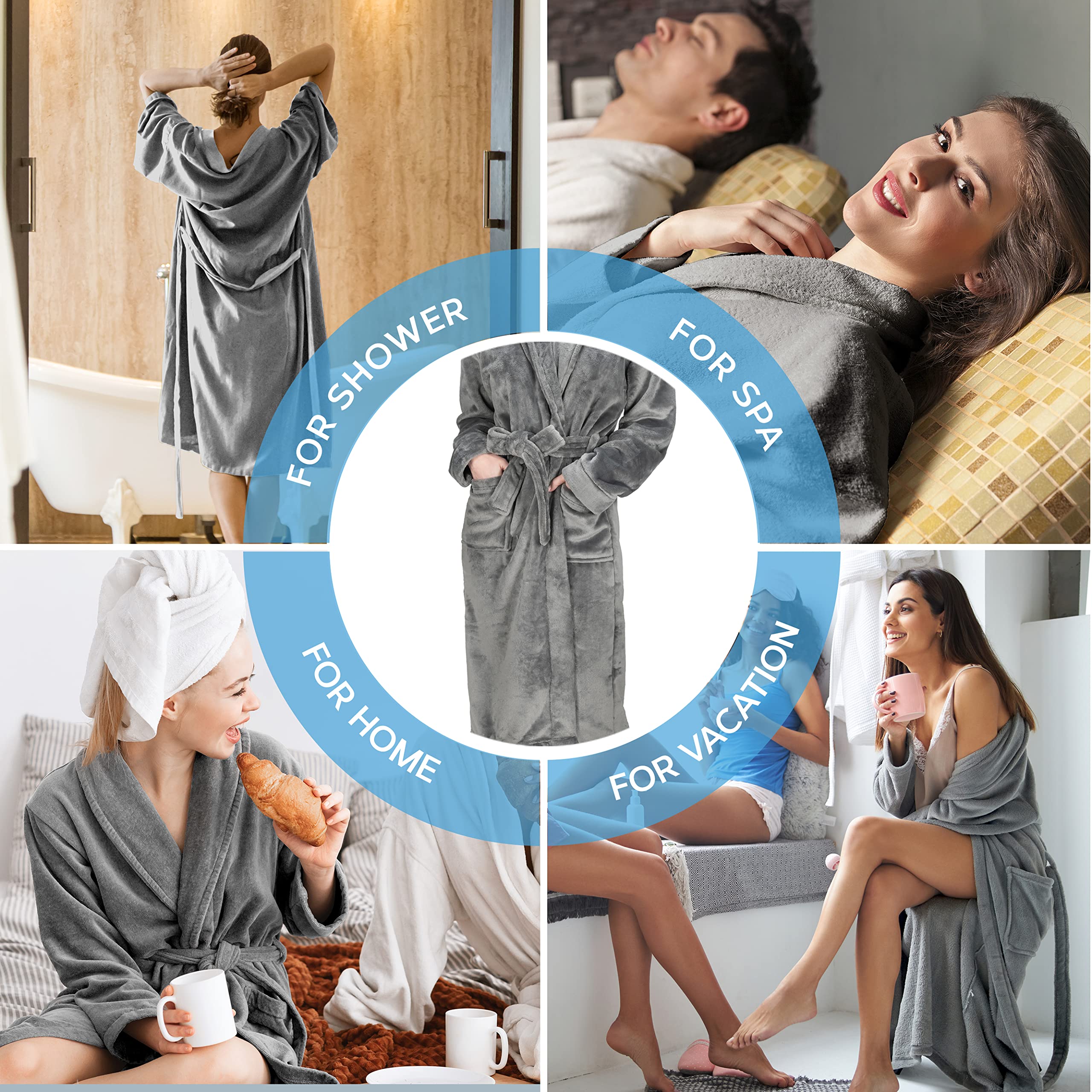 MONHOUSE Womens Dressing Gown - Premium Super Soft & Cosy Long Bathrobe - Ladies Thick Flannel Luxury Housecoat - Warm Fluffy Shearling Spa Robe for Her - Sherpa Bathrobe - Dark Grey - UK 20-22