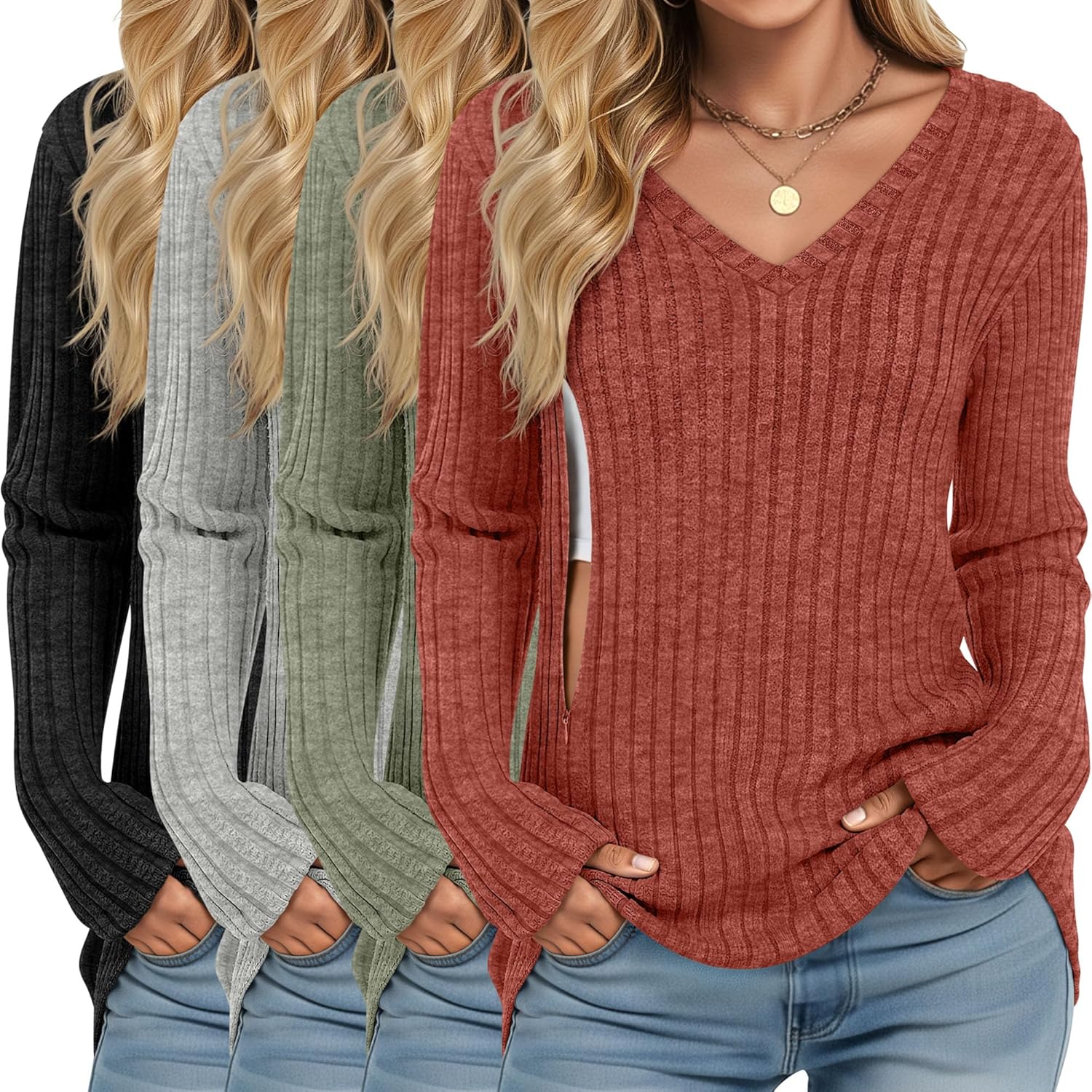 Yearntown 4 Pack Women's Maternity Nursing Tops, V Neck Breastfeeding Sweaters Long Sleeve Hidden Zipper Shirts