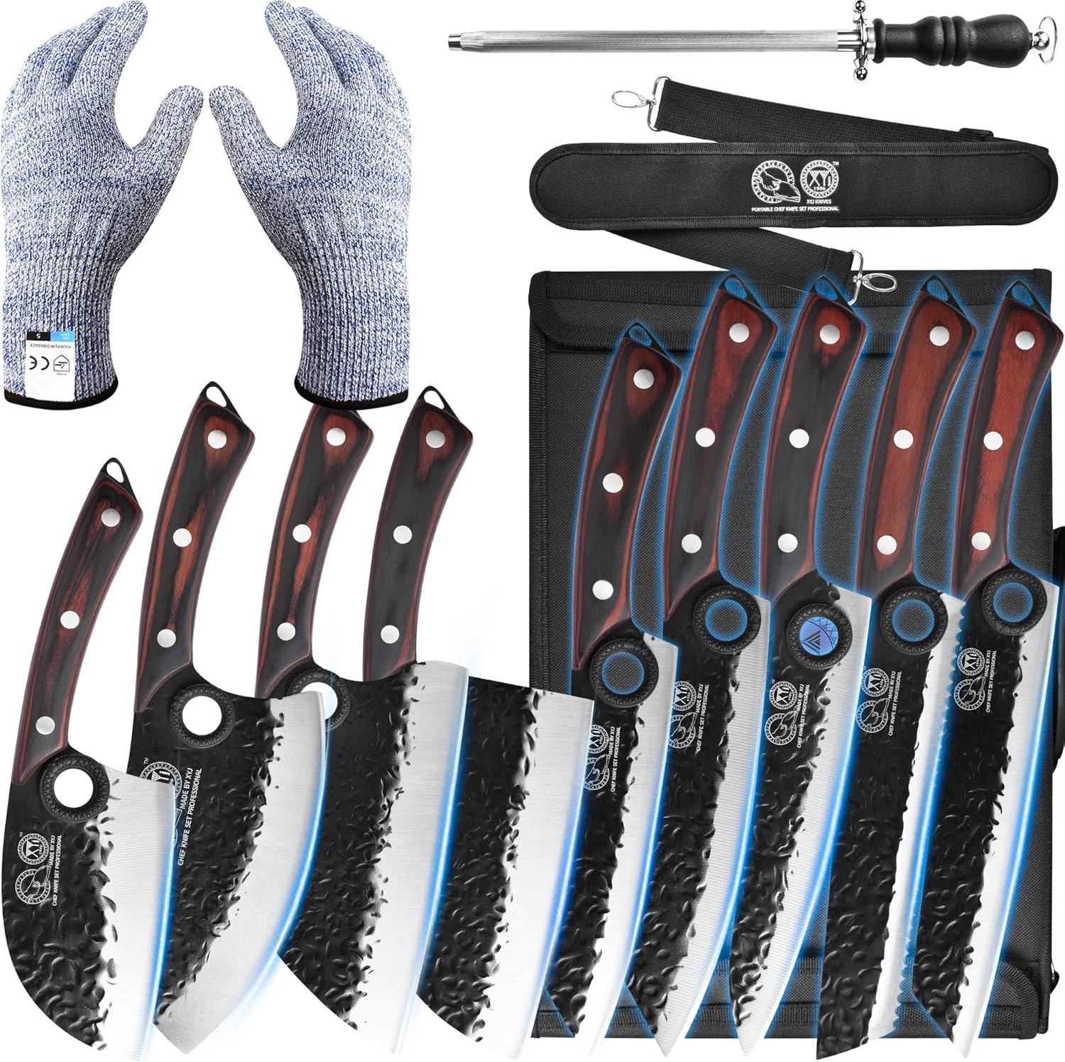 XYJ Professional Serbian Chef Knife Set with Roll Bag, Japanese Culinary Knives, Meat Cleaver, Kitchen Chopping Knife, and Protective Sleeves, Perfect for Home Cooking or Outdoor Camping (13)