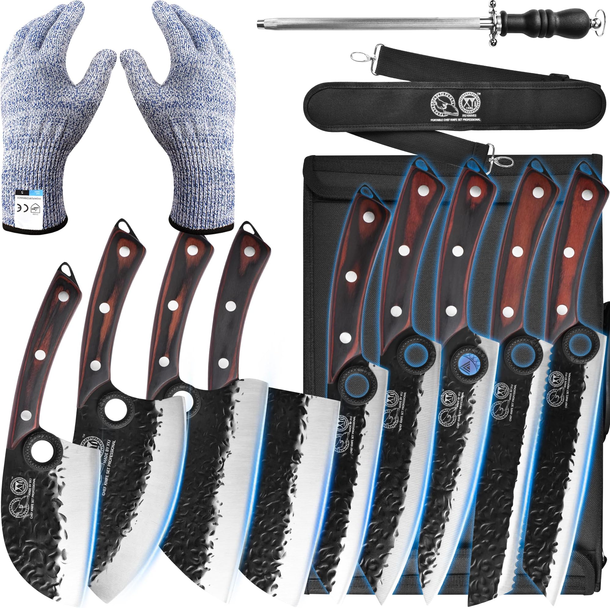 Professional Serbian Chef Knife Set with Roll Bag, Japanese Culinary Knives, Meat Cleaver, Kitchen Chopping Knife, and Protective Sleeves, Perfect for Home Cooking or Outdoor Camping (13)