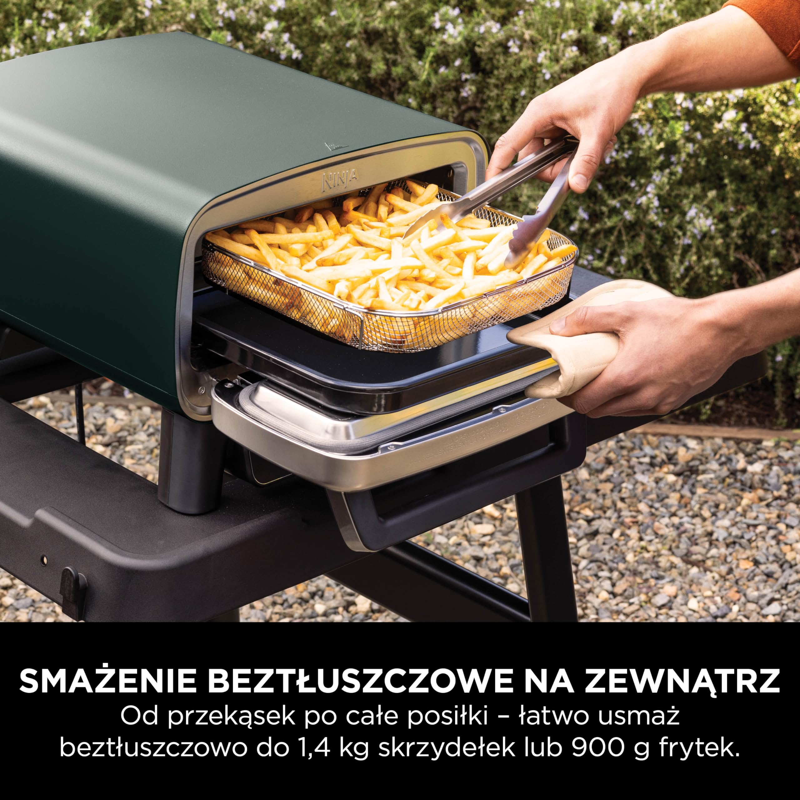 Ninja Artisan elektryczny zewnętrzny piec do pizzy i frytkownica beztłuszczowa z 4 funkcjami gotowania, deska do serwowania, nóż, kamień do pizzy 30 cm, łopata, blacha i kosz, zielony MO201AMZEU