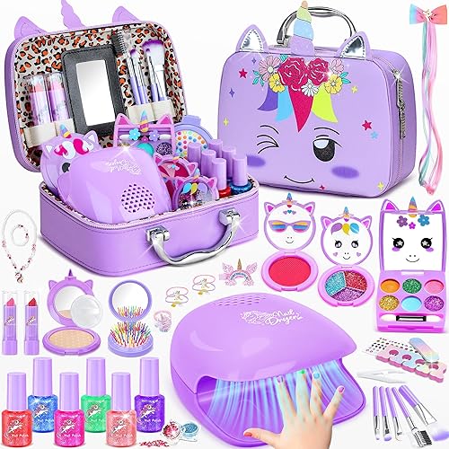 Miniatura 10 de PERRYHOME Kit de maquillaje infantil para niña, juego de cosméticos lavables reales de unicornio, juguetes de maquillaje no tóxicos, juego de uñas
