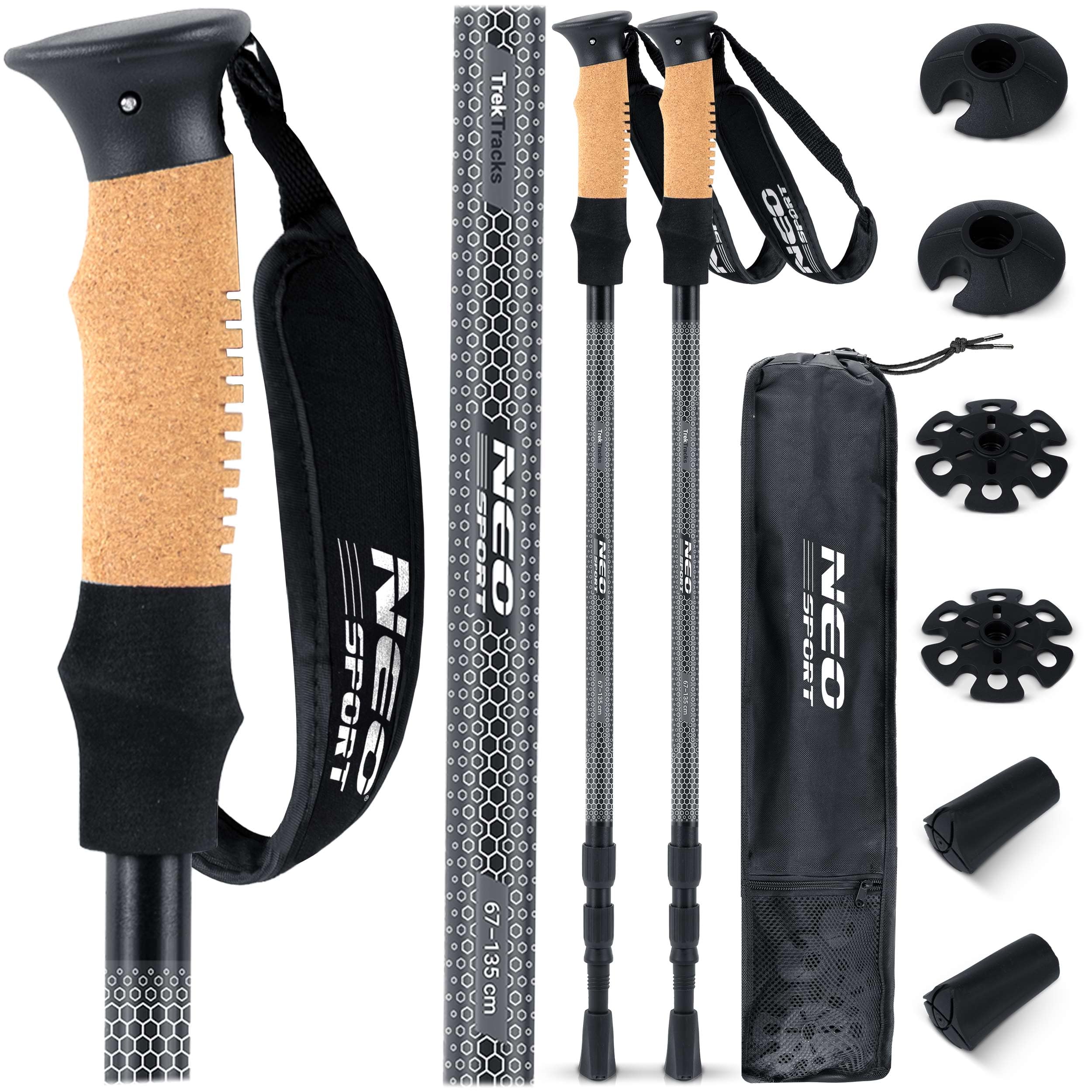 Neo-Sport Bastoncini da Trekking per Camminare Nordic Walking Regolabile 65-135 cm Manico in Sughero in Alluminio 1 Paio Nero