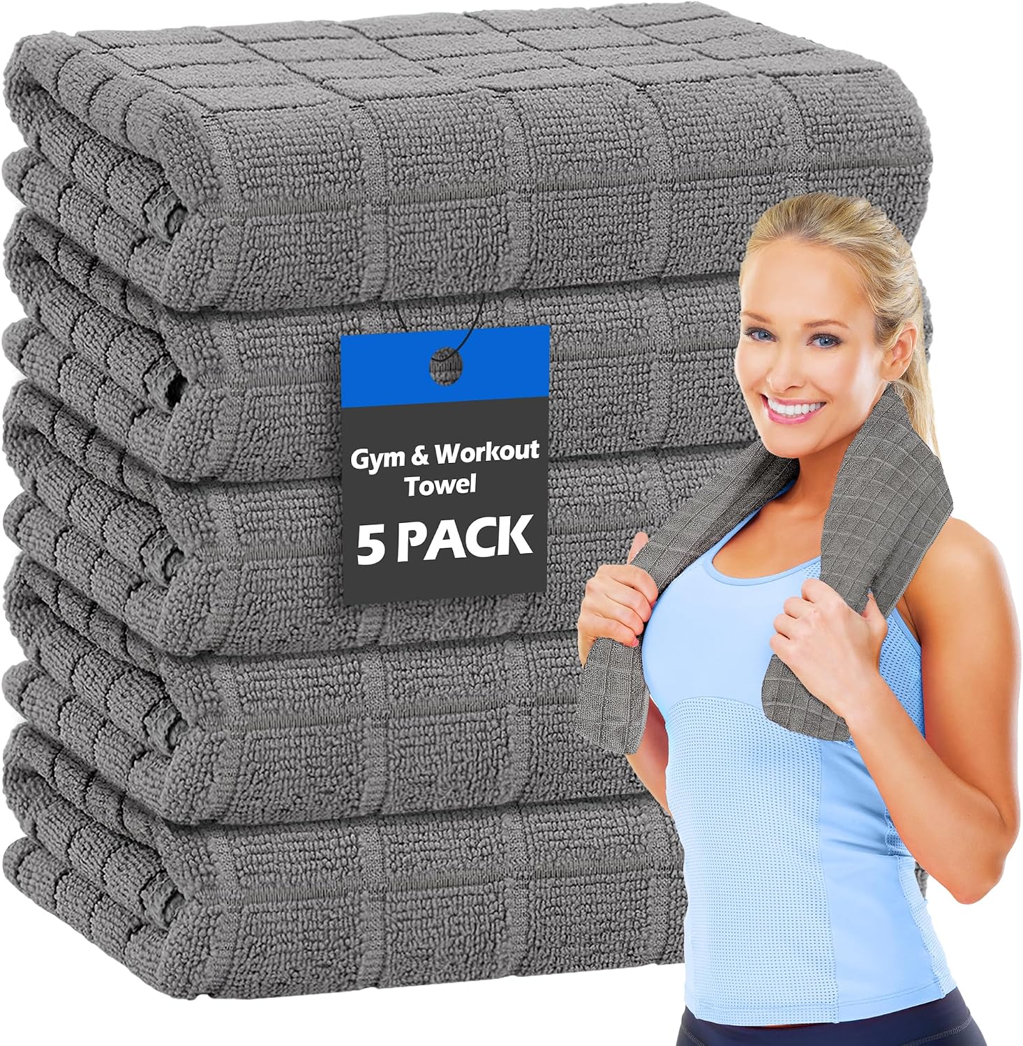 HOMERHYMRE Microfiber Workout Towels, 5 Pack Grey Gym Sweat Sports Towel for Yoga, Tennis, Running, Exercise, Working Out, Camping, Quick Dry, Highly Absorbent, for Women & Men, 16 x 27 Inch