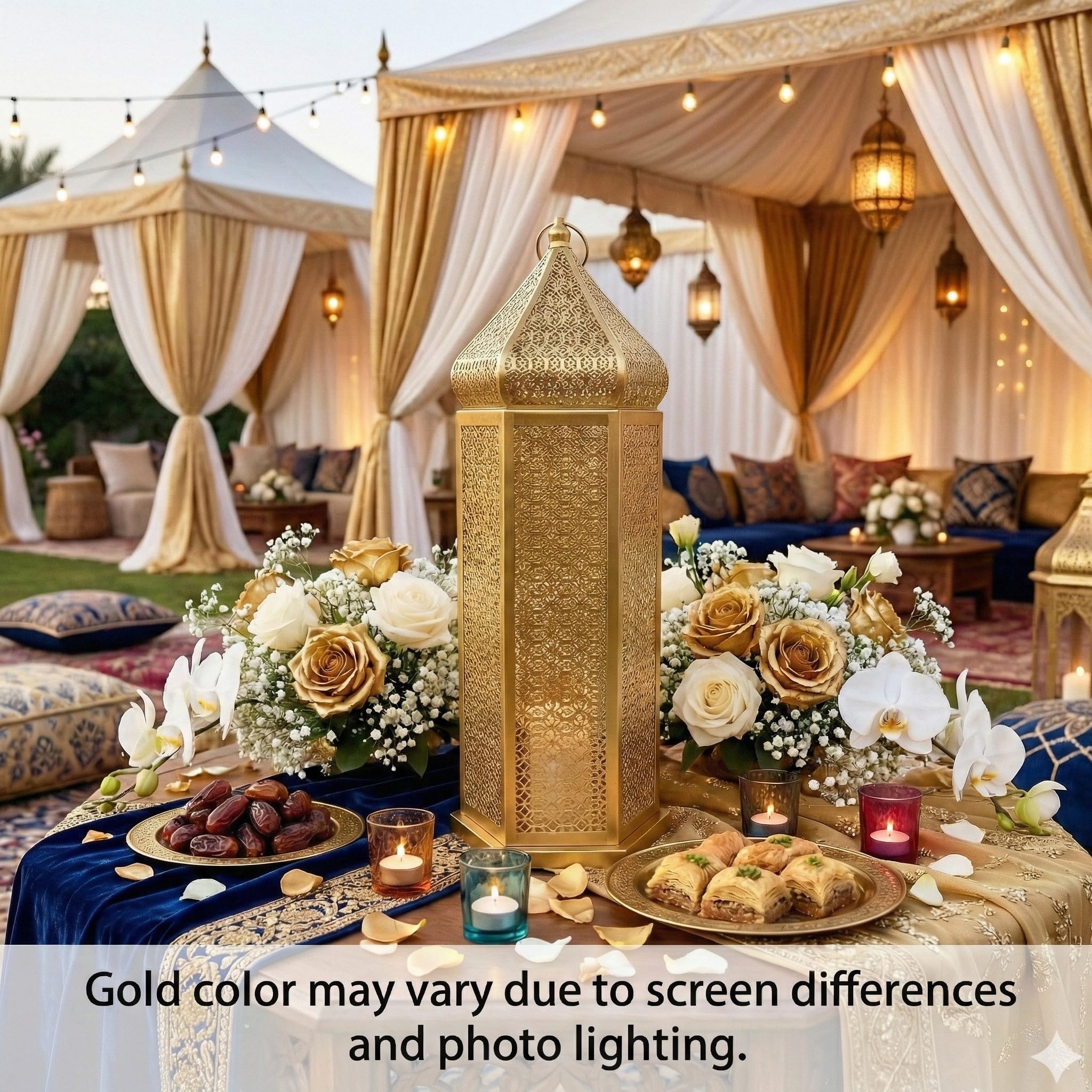 Lanterna marocchina a torre dorata extra large per decorazioni Ramadan, da appendere, patio o portico, decorazione per la casa interna, oro
