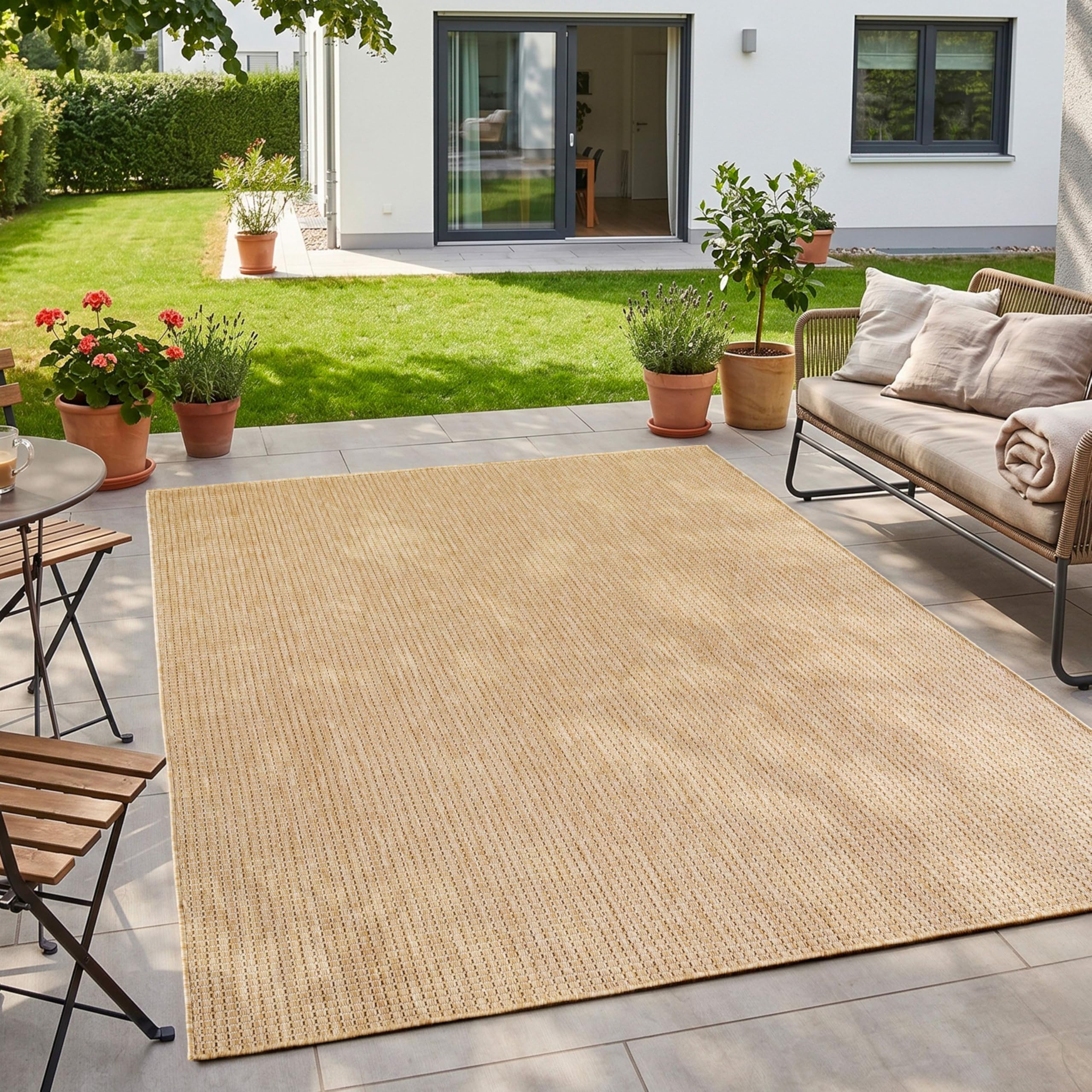 HomebyHome Outdoor Teppich Beige 120x160 cm Balkon Terrasse Garten Wetterfest UV-beständig Mittel Einfarbig Flachgewebe Pflegeleicht Robust Modern