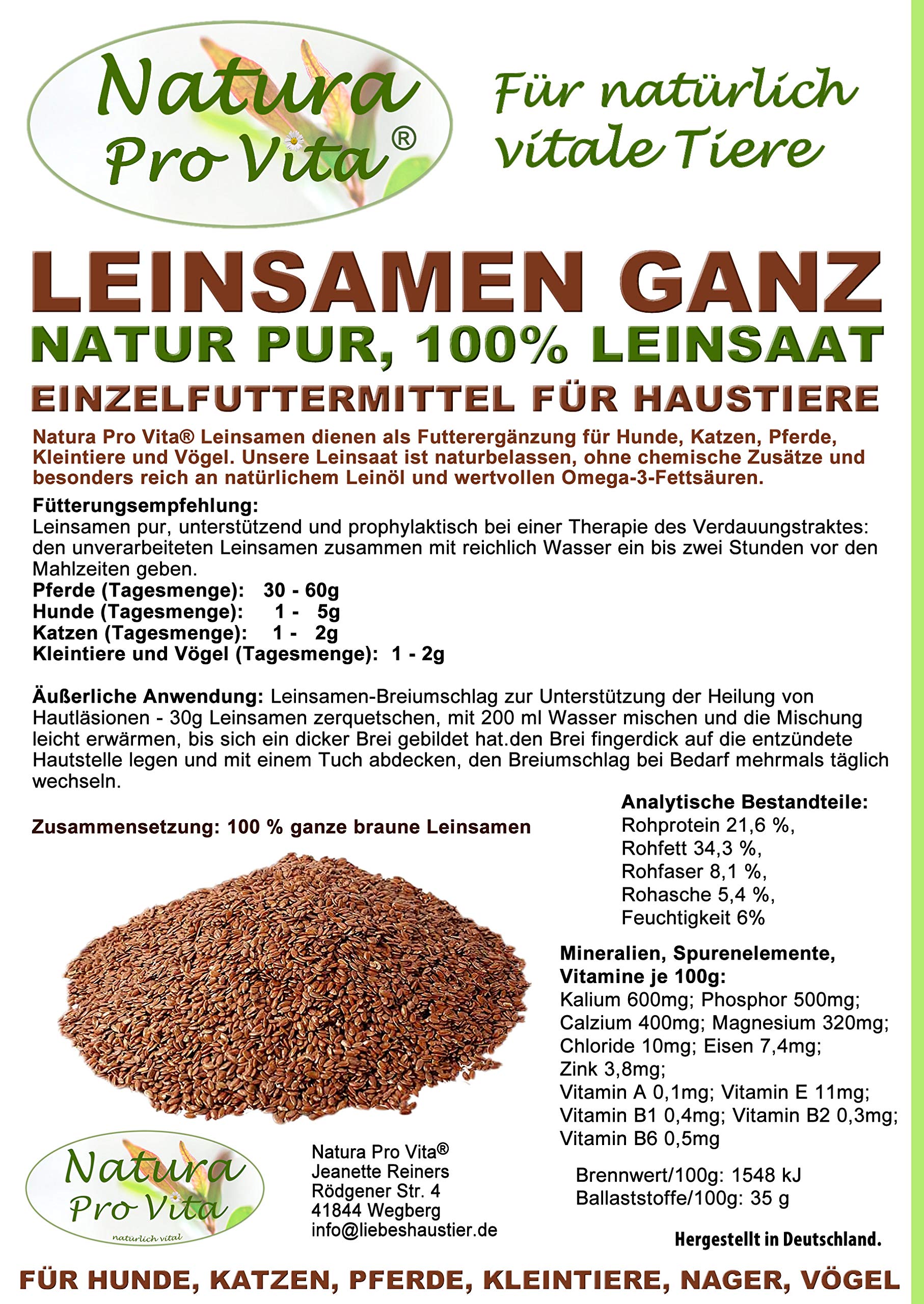 Leinsamen Nager Kaninchen ganze braune Leinsaat Omega-3 Fettsäuren Leinöl Magen Darm Verdauung gesunder energiereicher Nagersnack 20kg