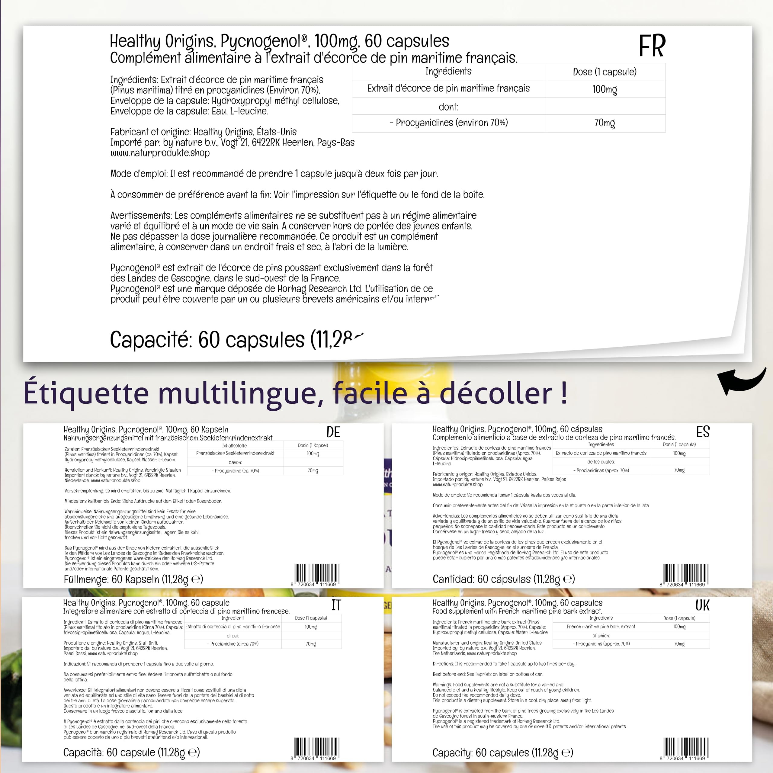 Healthy Origins, Pycnogenol, 100 mg, 60 Gélules végétaliennes, Pin Maritime, Sans Gluten, Sans Soja, Végétarien