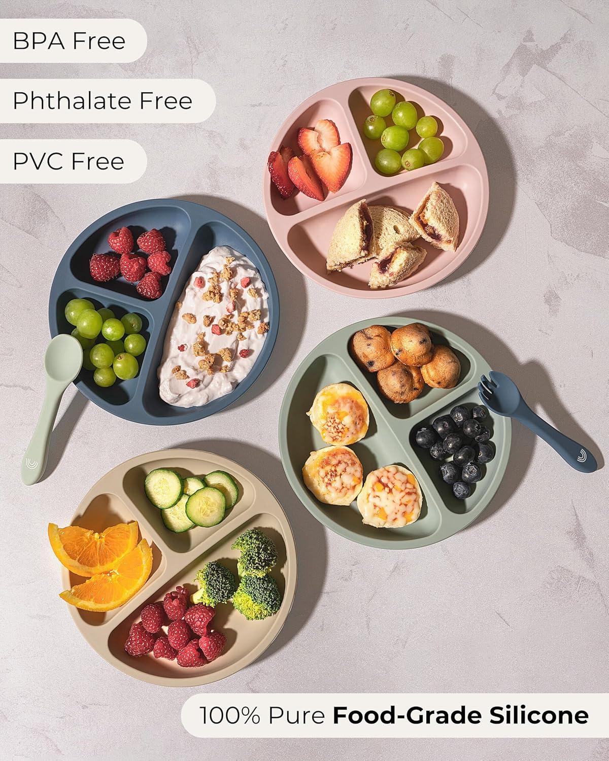 Hippypotamus Toddler Plates with Suction - 100% Food-Grade Silicone Baby Plates with Lids - Microwave & Dishwasher Safe - BPA Free - Set of 3 (Pink/Mint/Lavender with LIDS) - Image 2