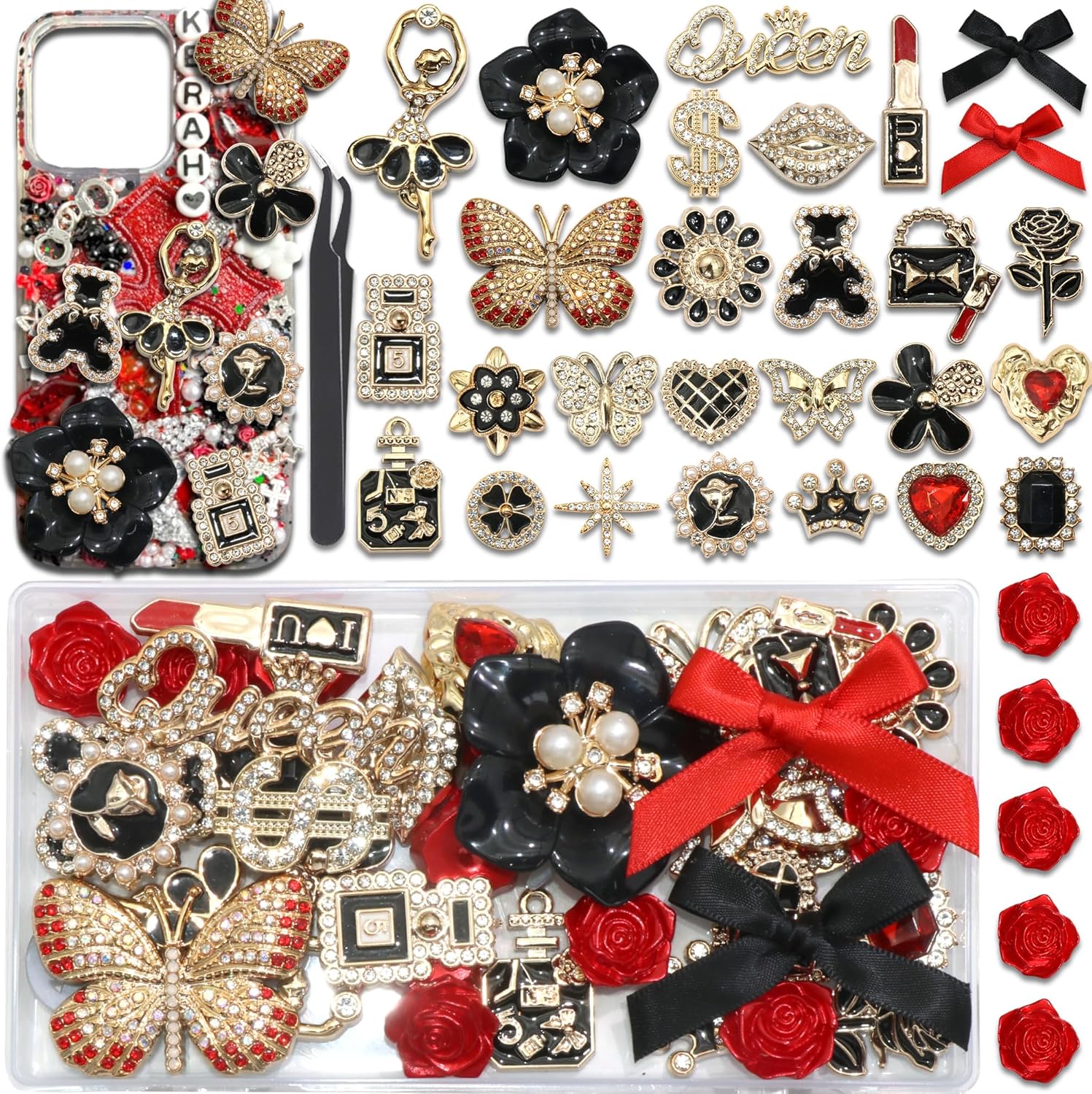 BELICEY Junk Case Charms Red Black Bow Flower Charm for Phone Cases 3D Gold Butterfly Rhinestone Junk Case Kit Elegant Heart Rose Bear Big Charms Customizing DIY Craft Accessories