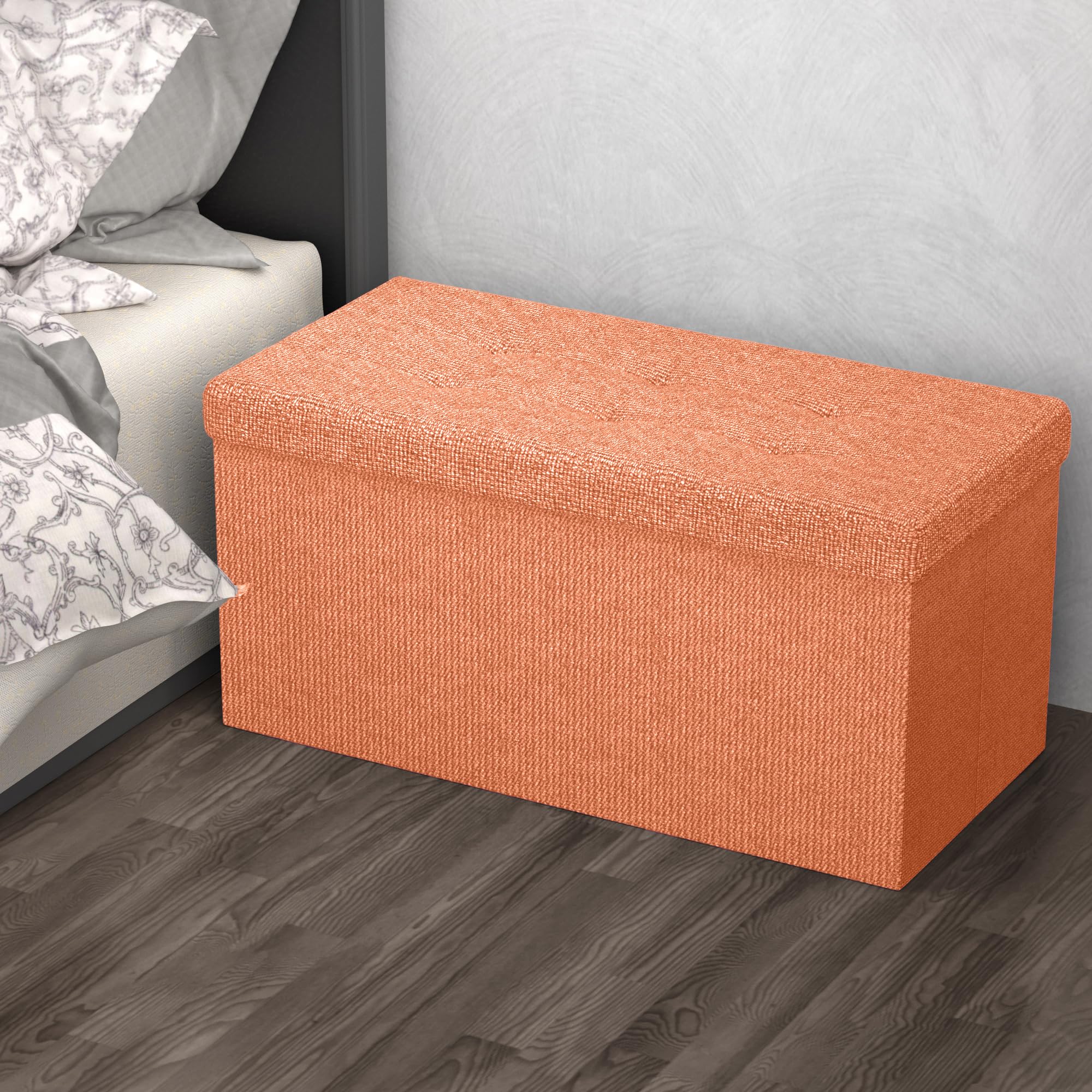 INTIRILIFE Pouf Pieghevole 78x38x38 cm in Orange MANDARINI - Cassapanca Cubo Contenitore Imbottito de Tessuto a l'Ottica Lino con Coperchio - Ottomane Poggapiedi Sgabello Panca Poltrona