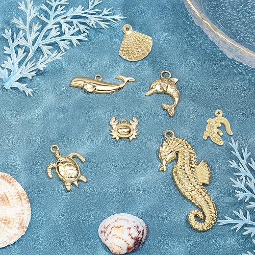 Miniatura 4 de SUNNYCLUE 1 caja de 16 piezas de 8 estilos reales chapados en oro de 14 quilates, dijes de animales con temática de mar, tortuga, estrella de mar,