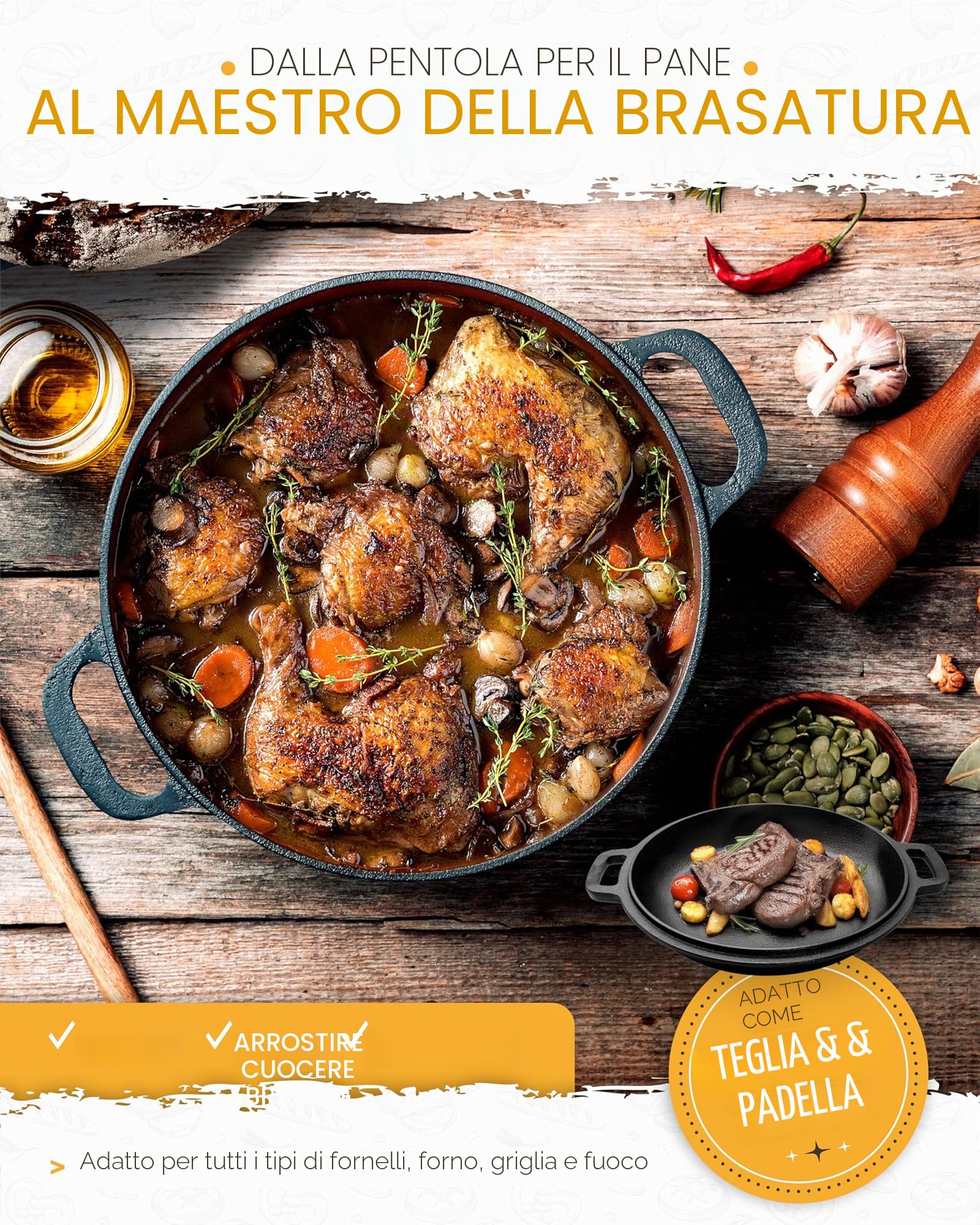 KRUSTENZAUBER Pentola in ghisa con coperchio – 26 cm Dutch Oven come teglia in ghisa o pentola per pane – Cast Iron Pot come pentola di alta qualità con ricette