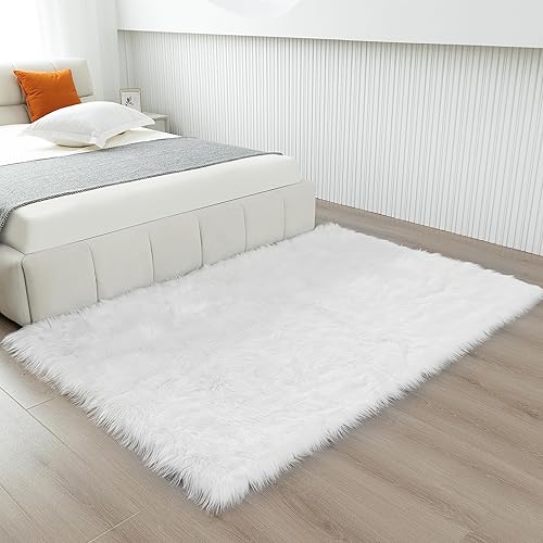 Miniatura 5 de Alfombra de piel sintética esponjosa de piel de oveja blanca, 4 x 6 pies, ultra suave, para dormitorio, mesita de noche, sala de estar, guardería
