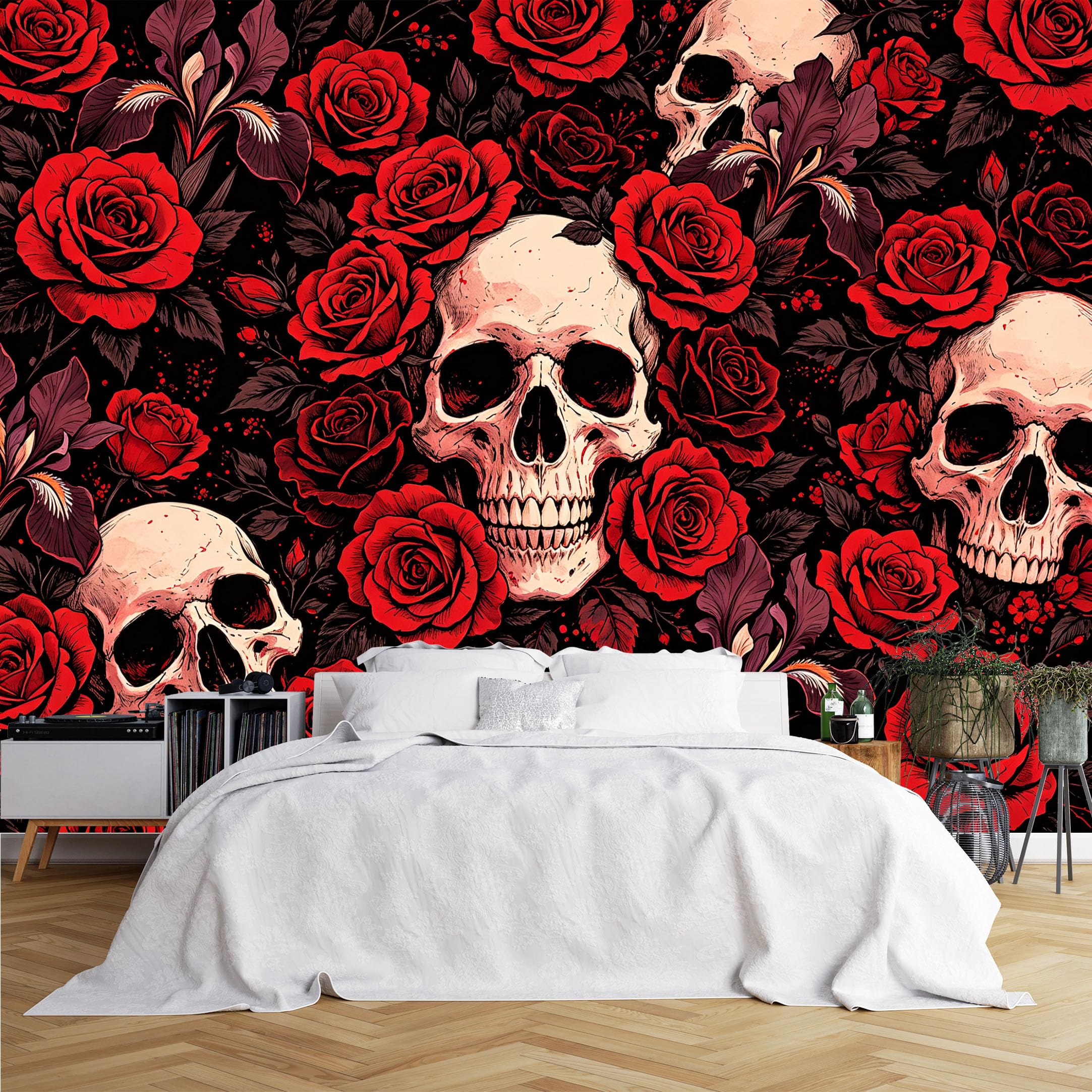 Lcythiazole Ch260615051 Custom Size Wall Murals Skull Red Rose Iris Gothic Pattern Wall Murals Wall Stickers Wallpaper Self-Adhesive Removable Wallpaper For Bar Halloween Bedroom