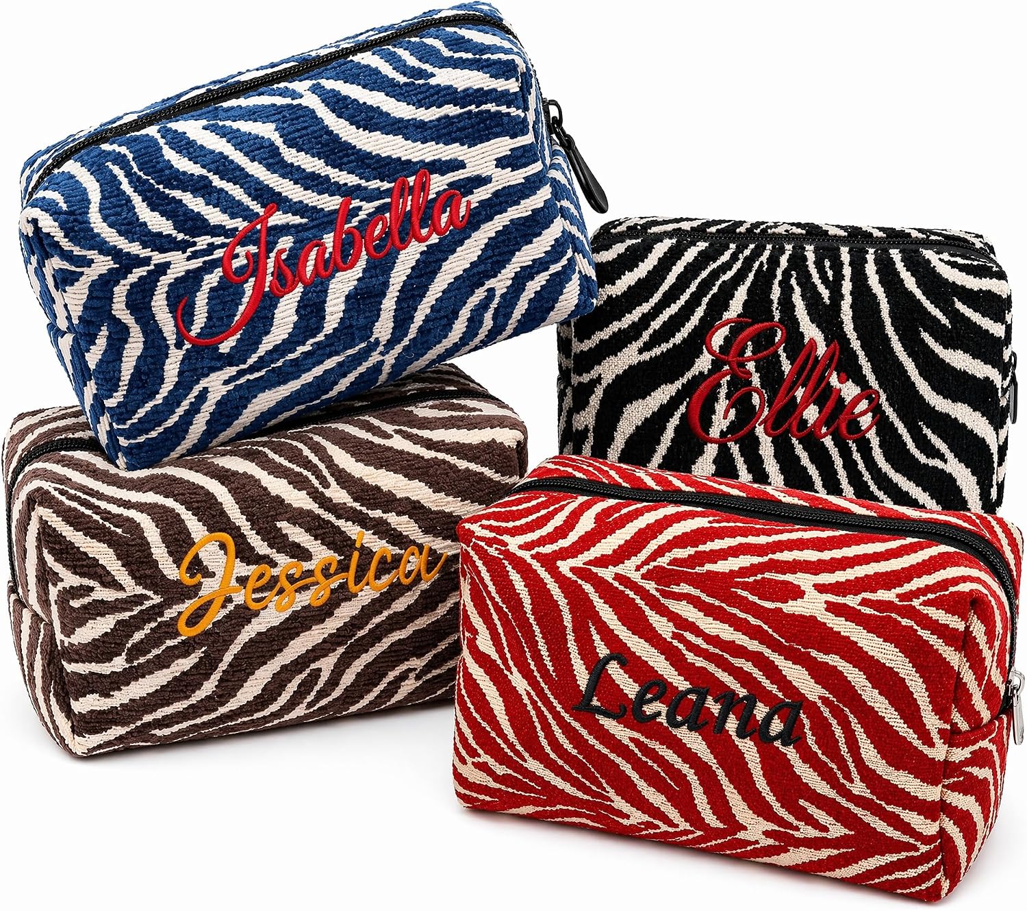 Personalized Embroidered Zebra Stripe Makeup Bag, Custom Name Chenille Travel Toiletry Organizer for Women, Large Capacity Cosmetic Storage Pouch