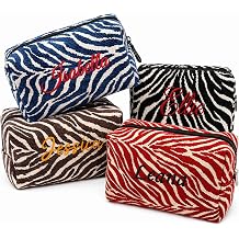 Personalized Embroidered Zebra Stripe Makeup Bag, Custom Name Chenille Travel Toiletry Organizer for Women, Large Capacity Cosmetic Storage Pouch