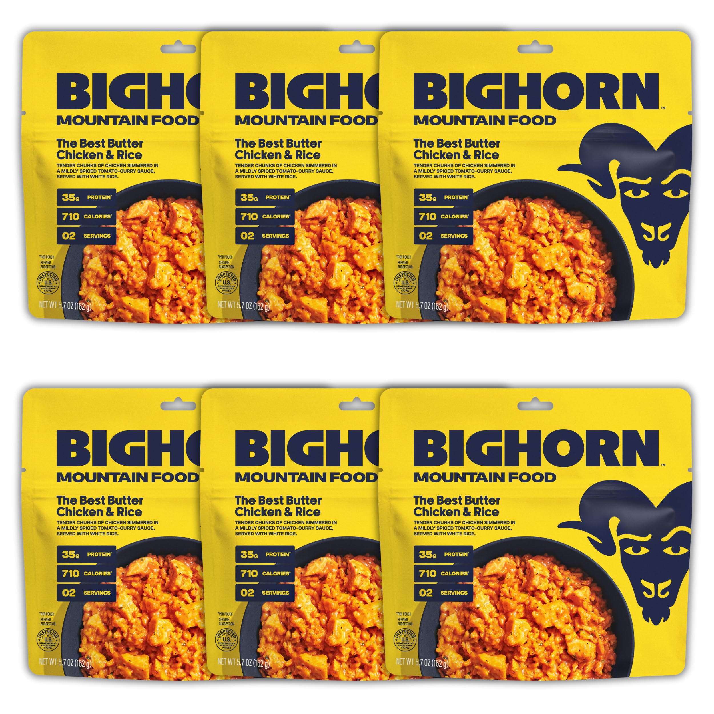 BIGHORN Mountain Food The Best Butter Chicken and Rice - contains 6 packs | 12 servings | 210g Protein | 4,260 Calories - premium freeze dried meals