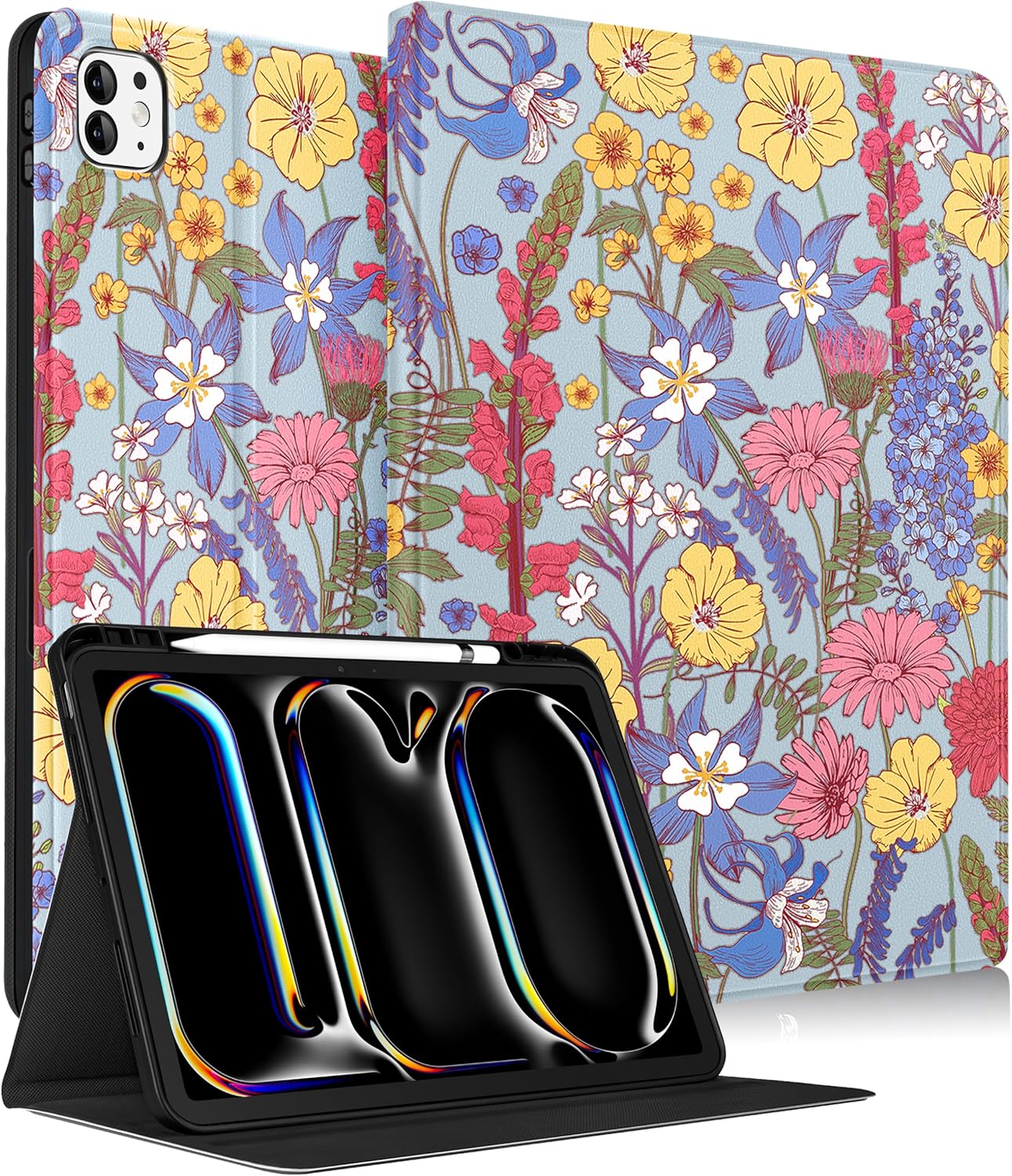 Wazzasoft for iPad Pro 13 Inch Case M5 2025/M4 2024 - Smart Folio Case (Auto Wake/Sleep) with Build-in Pencil Holder for Apple Tablet Soft PU Leather Cover for Women Girls,Purple Floral