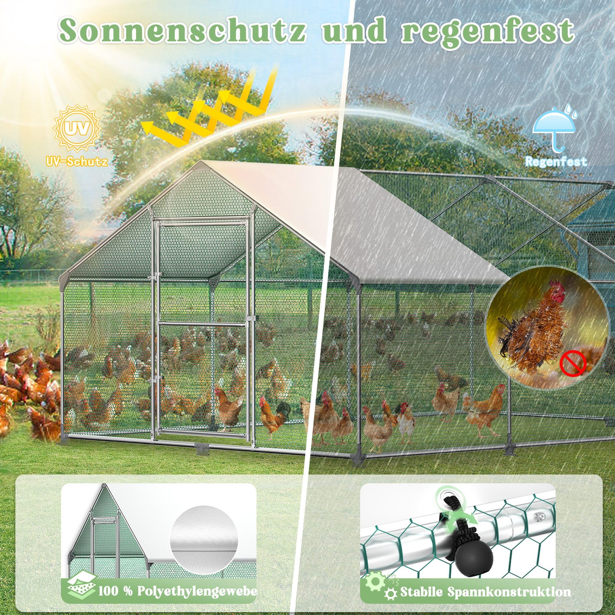 Hühnerstall Freilaufgehege 3x6x2 m mit PE-Dach, Outdoor Tiergehege für Hühner Kaninchen Kleintiere Hunde, wetterfestes Kleintiergehege