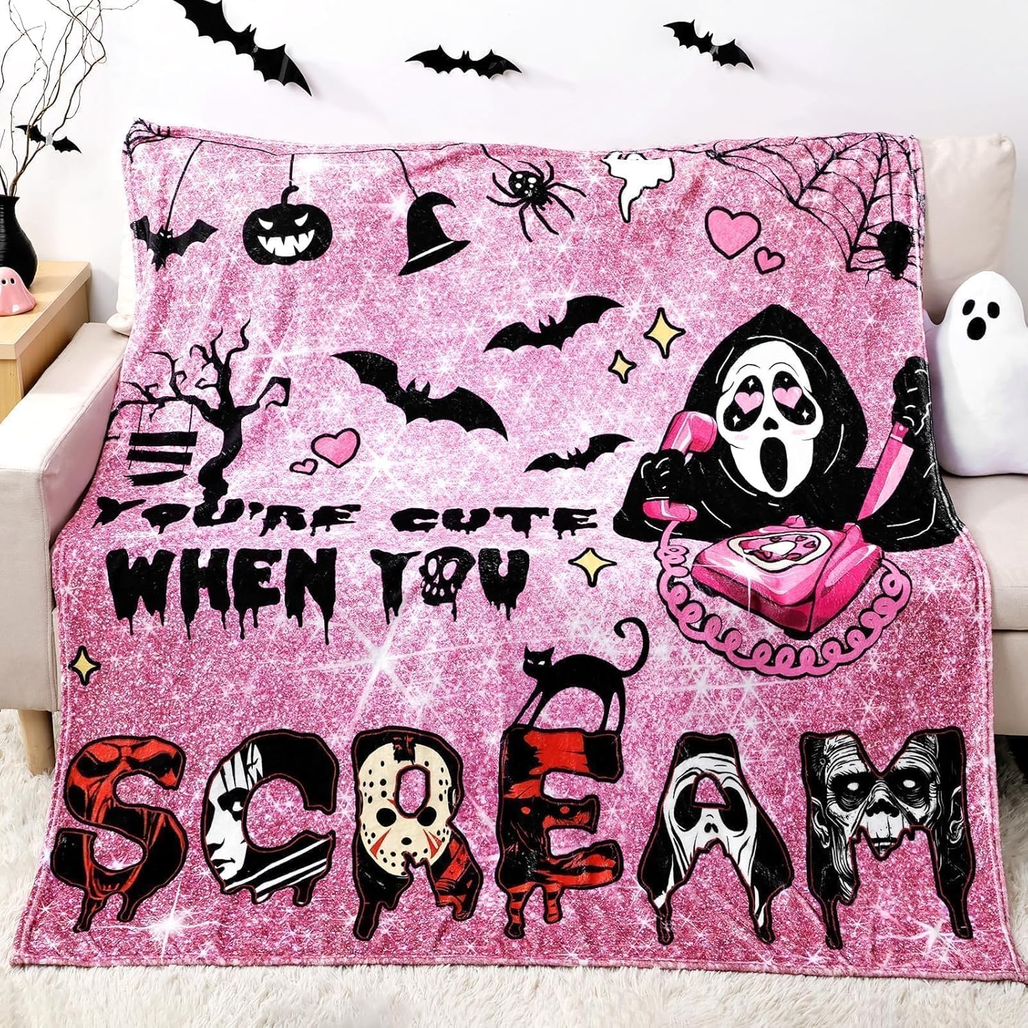 Halloween Throw Blanket Pink: Ultra Soft Ghost Flannel Blanket with Horror Movie 60"x 60", Lightweight Plush Comfy Blanket Halloween Decor for Bed, Couch, Sofa, Living Room, Office, Indoor