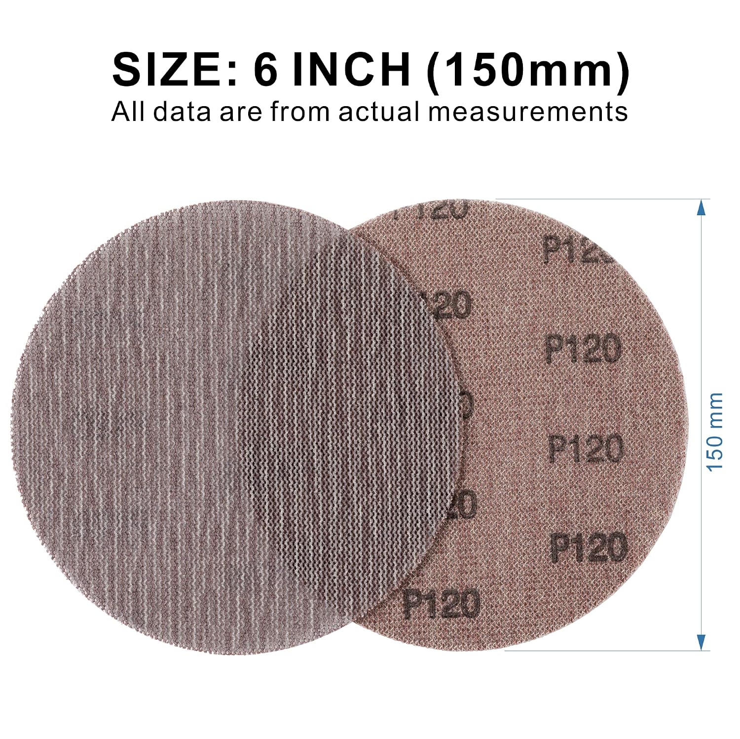 50pcs 6-Inch Mesh Abrasive Dust Free Sanding Discs 120 Grit, Hook & Loop Anti-Blocking Net Sandpaper Sheets for Auto Body, Wood, Drywall, Metal