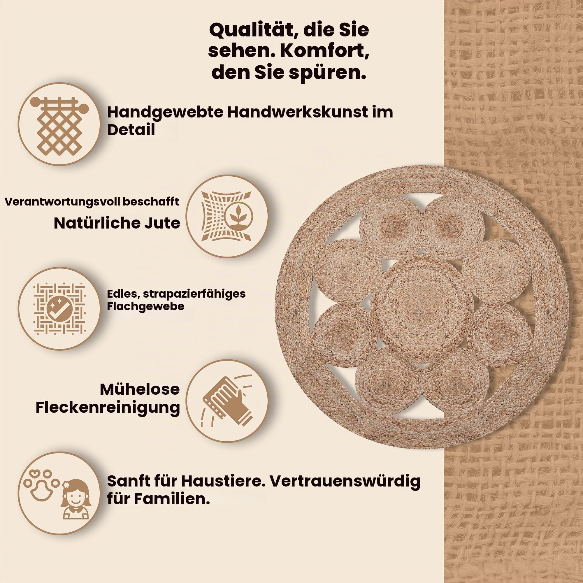 Craft Trade Handgewebt Natur Boho Jute Teppich Reversibel Blume Geflochten Waschbarer Rund Juteteppich für Küche Wohnzimmer und Schlafzimmer- 90 cm