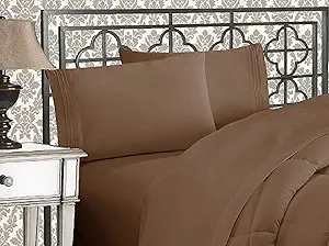 Elegant Comfort Luxurious 1500 Premium Hotel Quality Microfiber Three Line Embroidered Softest 4-Piece Bed Sheet Set, Wrinkle and Fade Resistant, King, Taupe