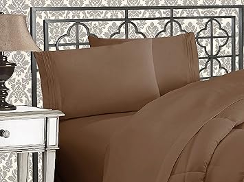 Elegant Comfort Luxurious 1500 Premium Hotel Quality Microfiber Three Line Embroidered Softest 4-Piece Bed Sheet Set, Wrinkle and Fade Resistant, Queen, Taupe