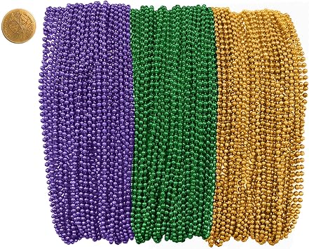 THE MARDI GRAS KREWE - Mardi Gras Beads 144 Pieces, 12 Dozen, Assorted 33" 7mm Bead Necklaces with Doubloon, Bulk Party Favors and Parade Throws - Purple Green Gold