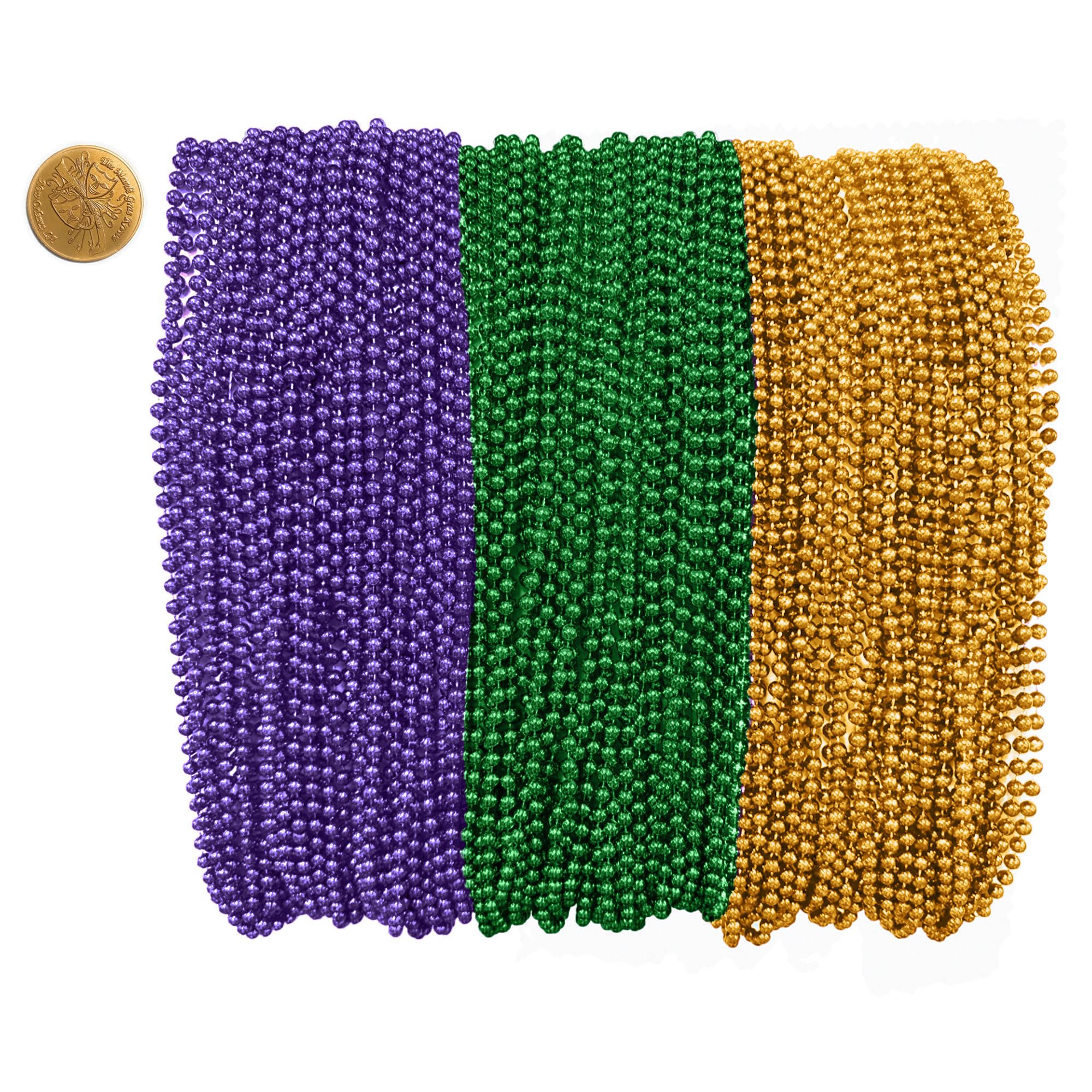 THE MARDI GRAS KREWE - Mardi Gras Beads – 144 Pieces, 12 Dozen, Assorted 33" 7mm Bead Necklaces with Doubloon, Bulk Party Favors and Parade Throws - Purple Green Gold