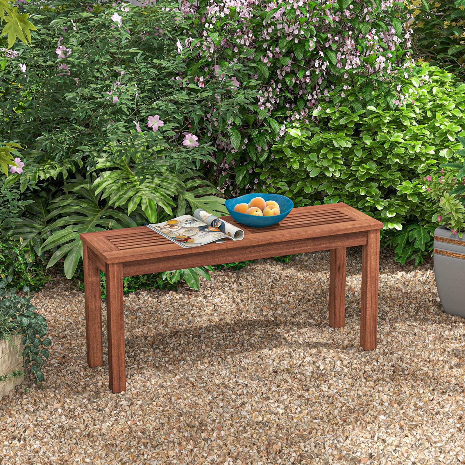 GIANTEX Panchina da Esterno per 2 Persone, Panchina da Patio con Seduta a Doghe, Telaio in Legno Massiccio Resistente alle Intemperie, Panchina da 2 Posti per Balcone, Piscina (1, 100x30,5x47 cm)