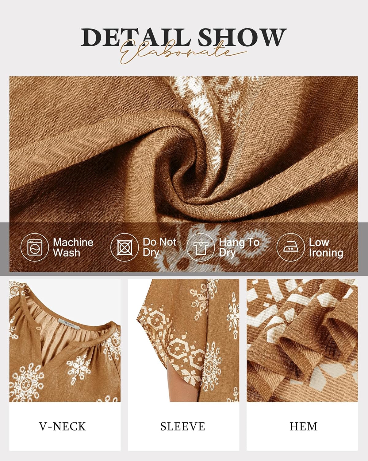 Bebonnie Womens 3/4 Sleeve V Neck Bohemian Peasant Blouses Casual Loose Fit Tunic Tops - Image 5