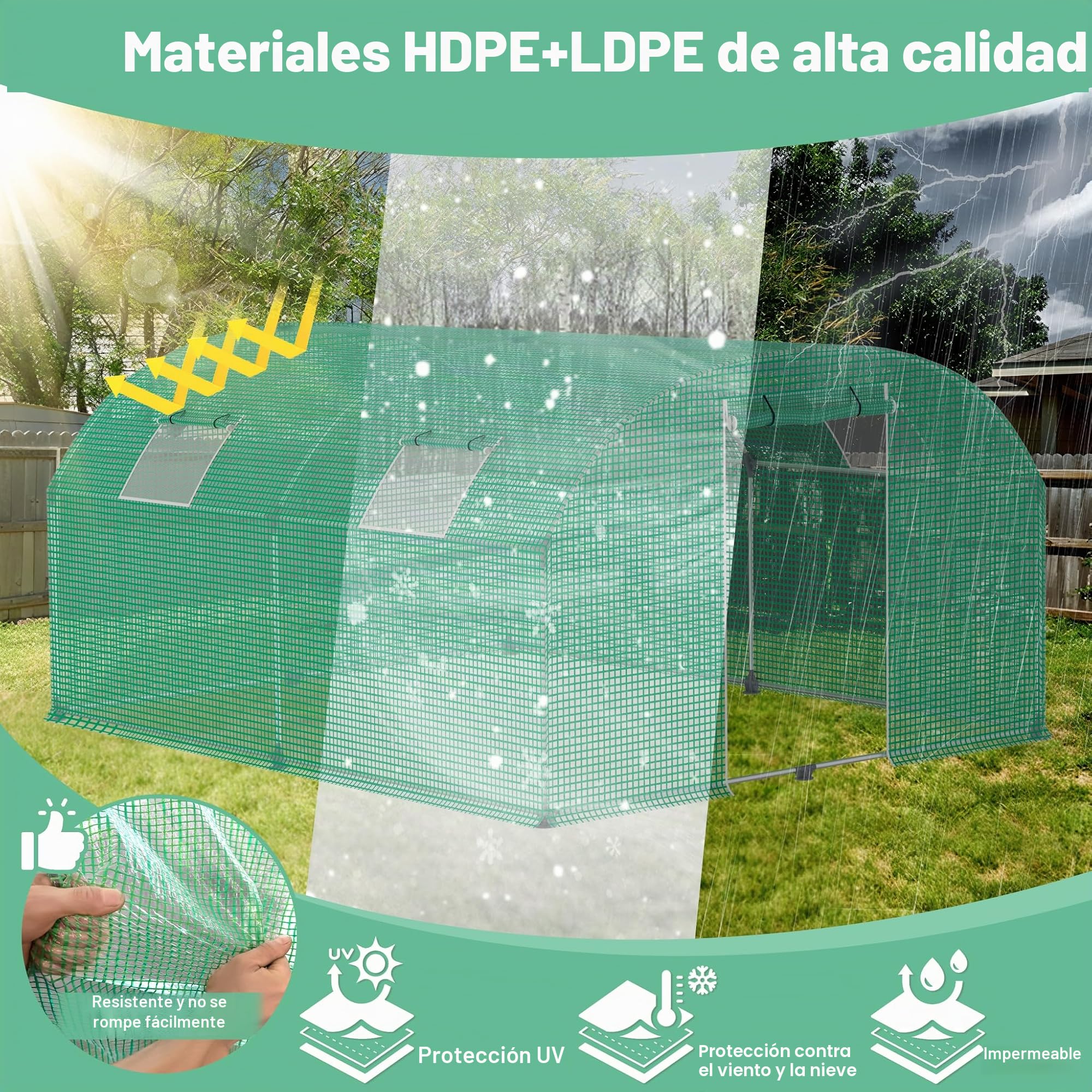 Aufun – Invernadero de polietileno estable 3x8x2 m con 8 ventanas con mosquitero y puerta | Túnel de jardín con estructura de acero galvanizado | Invernadero para tomates, tienda de polietileno