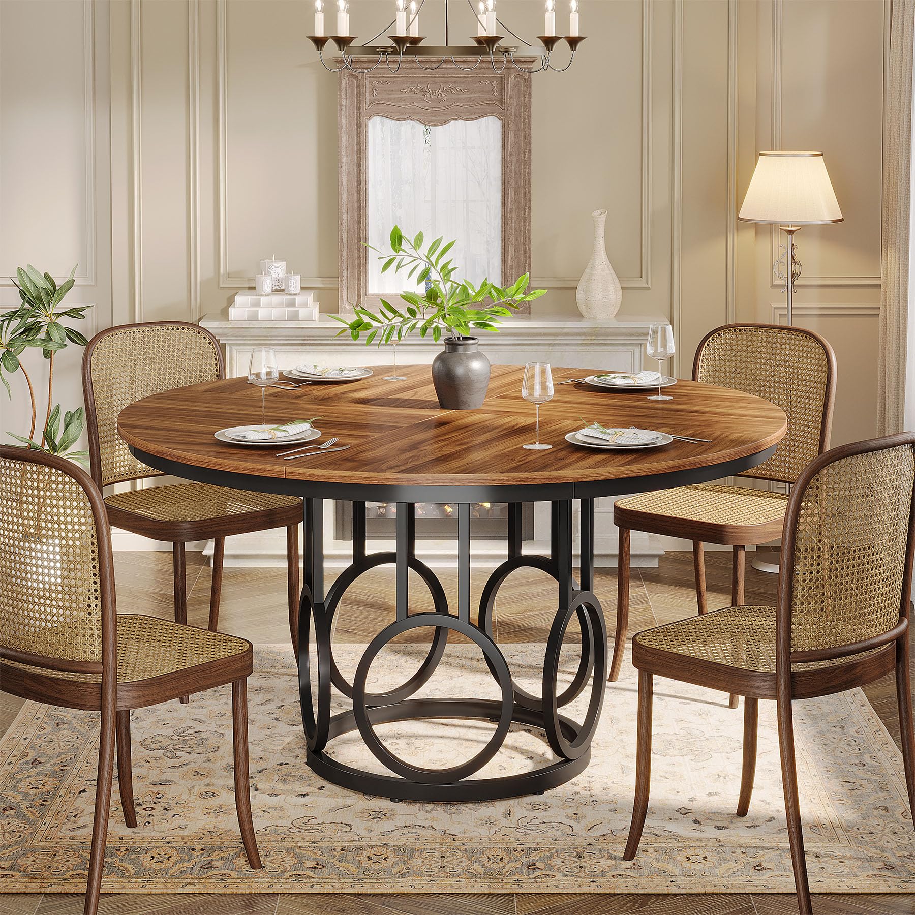 Tribesigns Mesa de comedor redonda para 4 personas, mesa de comedor rústica de 120 cm con base de metal, mesa de cocina redonda para cocina, salón, comedor (marrón)