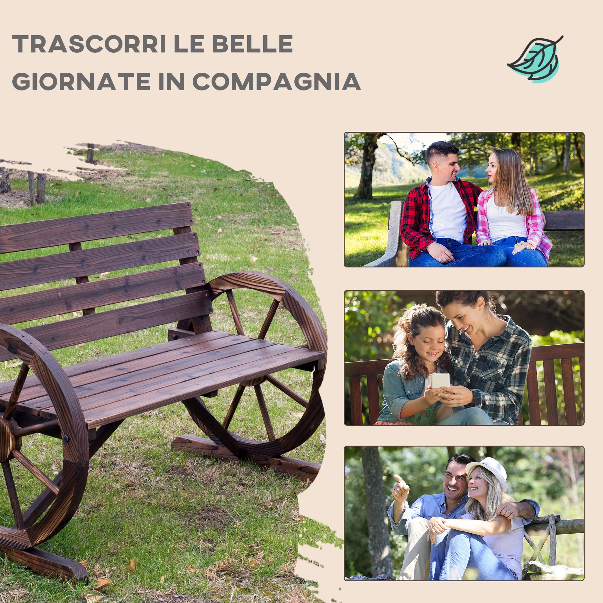 Outsunny Panchina da Giardino da 2 Posti con Braccioli a Ruota, Panchina da Esterno a Doghe in Legno di Abete, Stile Country, Panca per Terrazza Patio e Cortile, 105.5x59x75 cm, Marrone