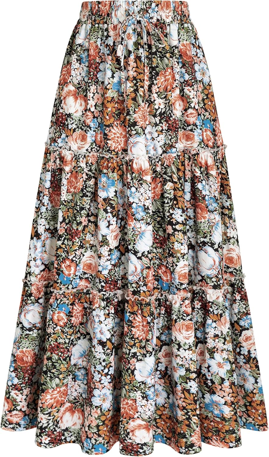 Arolina Women's Summer Maxi Skirt Trendy High Waist Pleated Ruffle Long Skirts Flowy Beach Boho Skirt Dress with Pockets